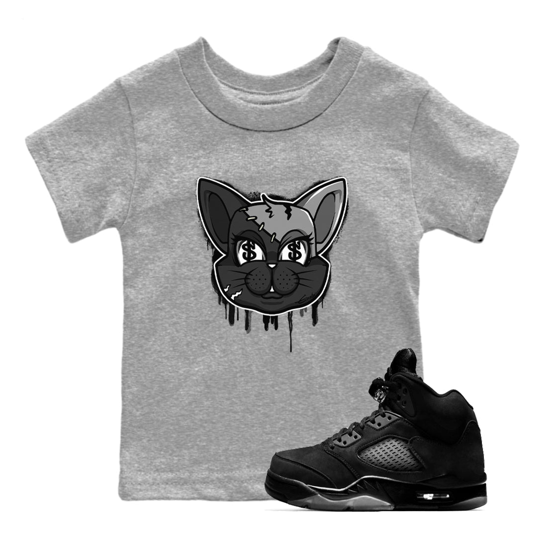 5s Black Cat shirts to match jordans Cat Face sneaker match tees Air Jordan 5 Black Cat Drip Gear Zone Youth Baby Heather Grey 1 crew neck shirts