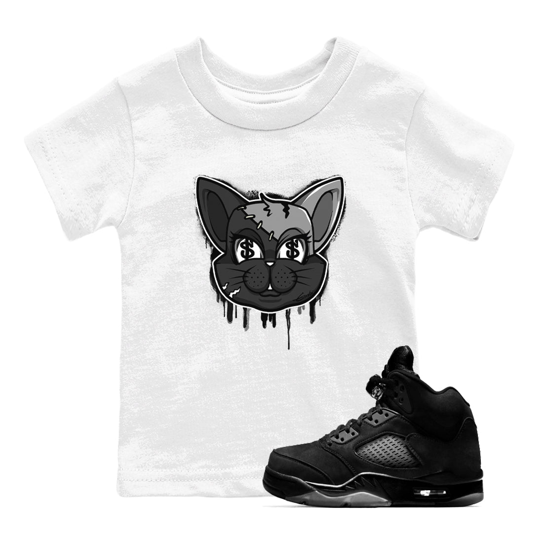 5s Black Cat shirts to match jordans Cat Face sneaker match tees Air Jordan 5 Black Cat Drip Gear Zone Youth Baby White 1 crew neck shirts