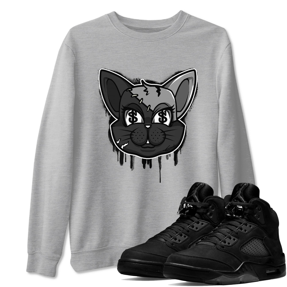 5s Black Cat shirts to match jordans Cat Face sneaker match tees Air Jordan 5 Black Cat Drip Gear Zone unisex cotton Heather Grey 1 crew neck shirts