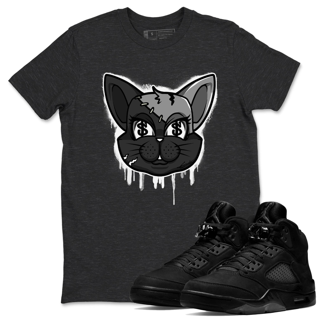 5s Black Cat shirts to match jordans Cat Face sneaker match tees Air Jordan 5 Black Cat Drip Gear Zone unisex cotton Charcoal Heather 1 crew neck shirts
