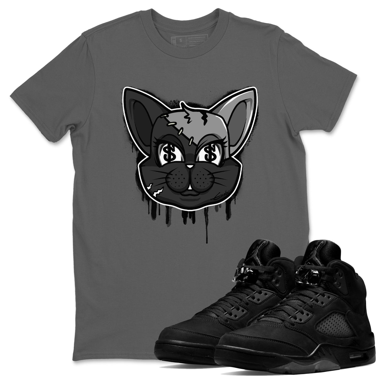 5s Black Cat shirts to match jordans Cat Face sneaker match tees Air Jordan 5 Black Cat Drip Gear Zone unisex cotton Cool Grey 1 crew neck shirts