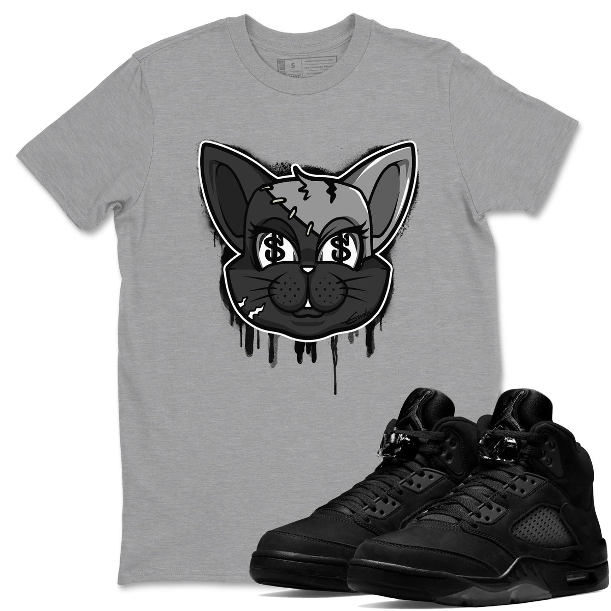 5s Black Cat shirts to match jordans Cat Face sneaker match tees Air Jordan 5 Black Cat Drip Gear Zone unisex cotton Heather Grey 1 crew neck shirts