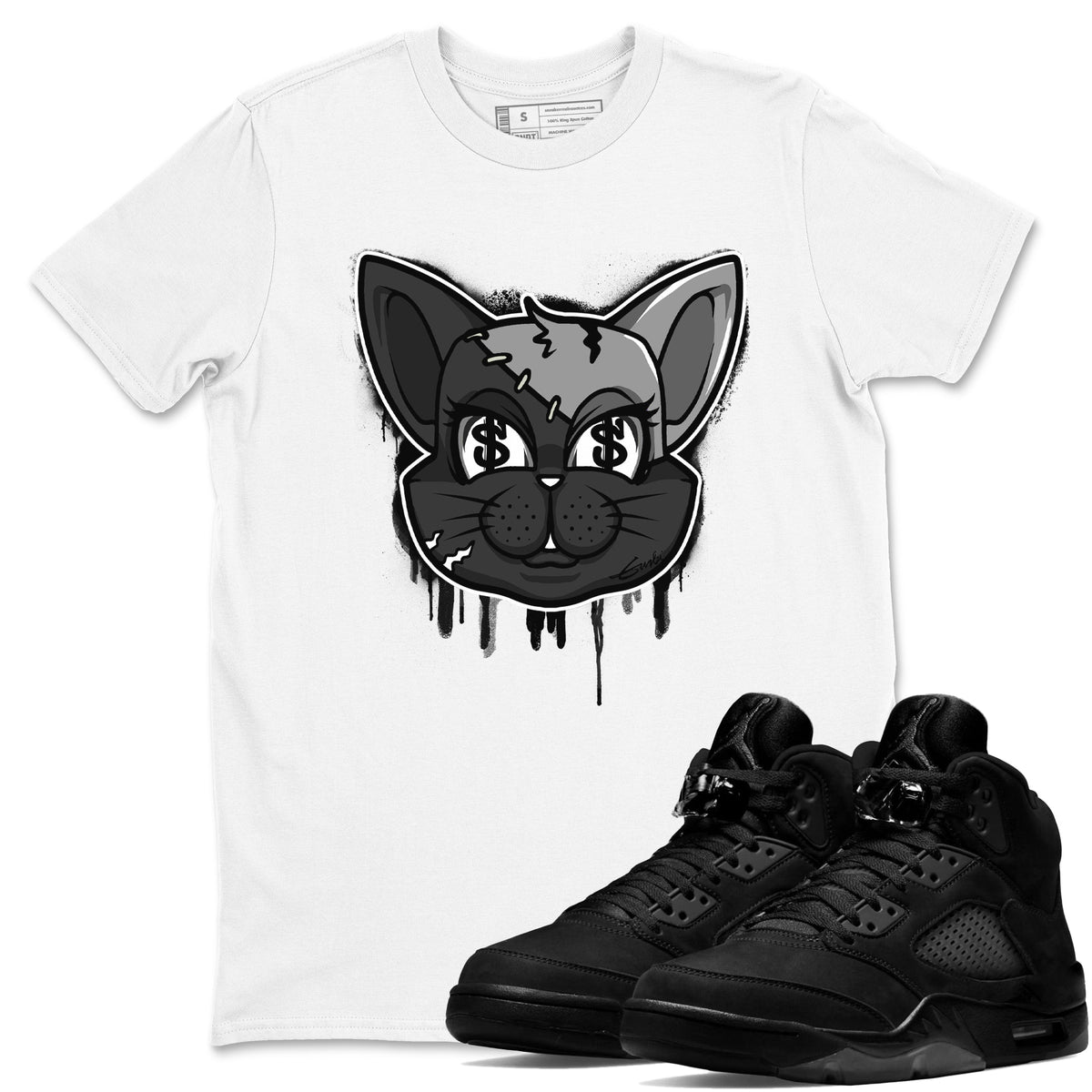 5s Black Cat shirts to match jordans Cat Face sneaker match tees Air Jordan 5 Black Cat Drip Gear Zone unisex cotton White 1 crew neck shirts