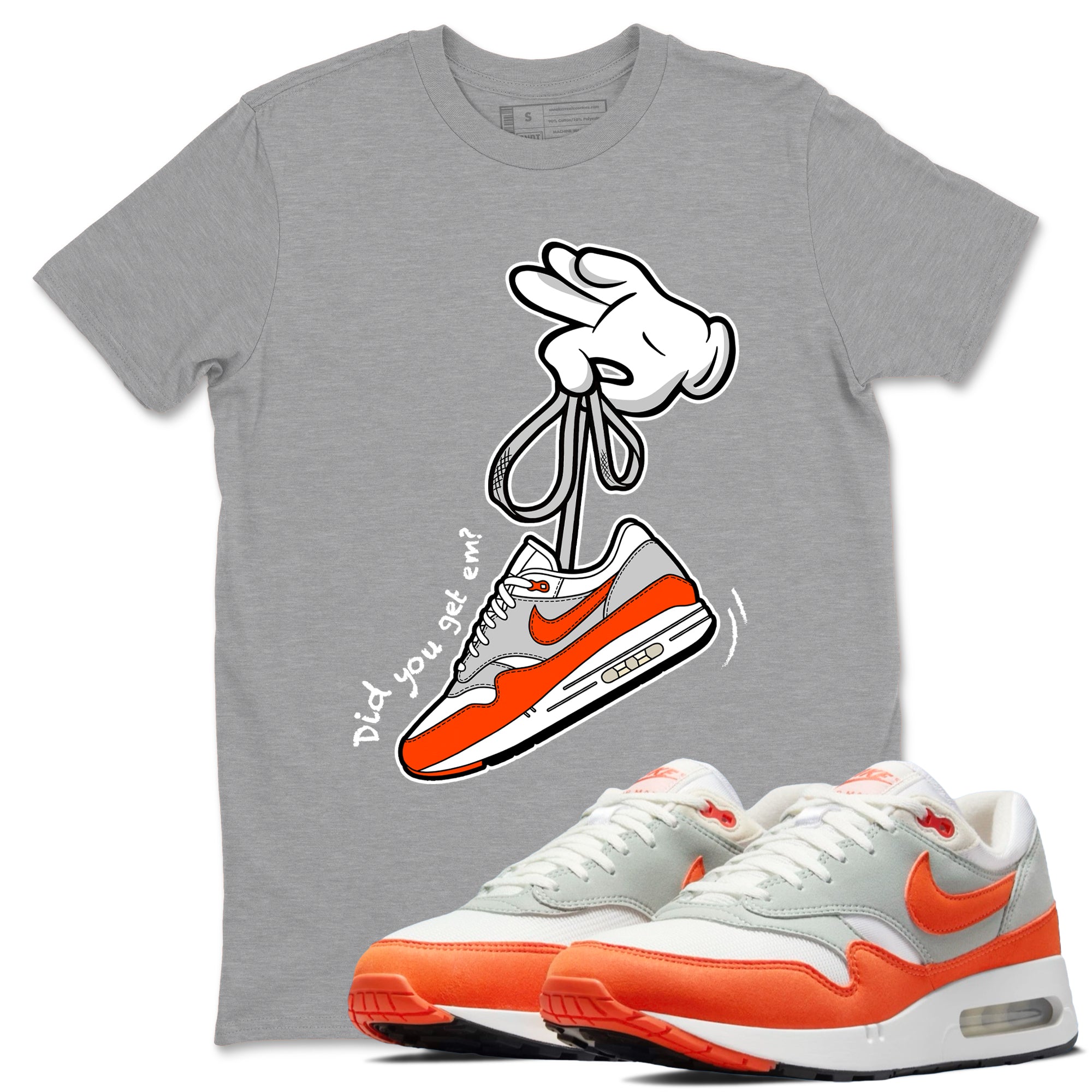 Air Max 1 OG '86 'Summit White and Cosmic Clay shirts to match jordans Catoon Hands sneaker match tees Air Max 1 Cosmic Clay match shoes to clothes Drip Gear Zone unisex cotton Heather Grey 1 shirts