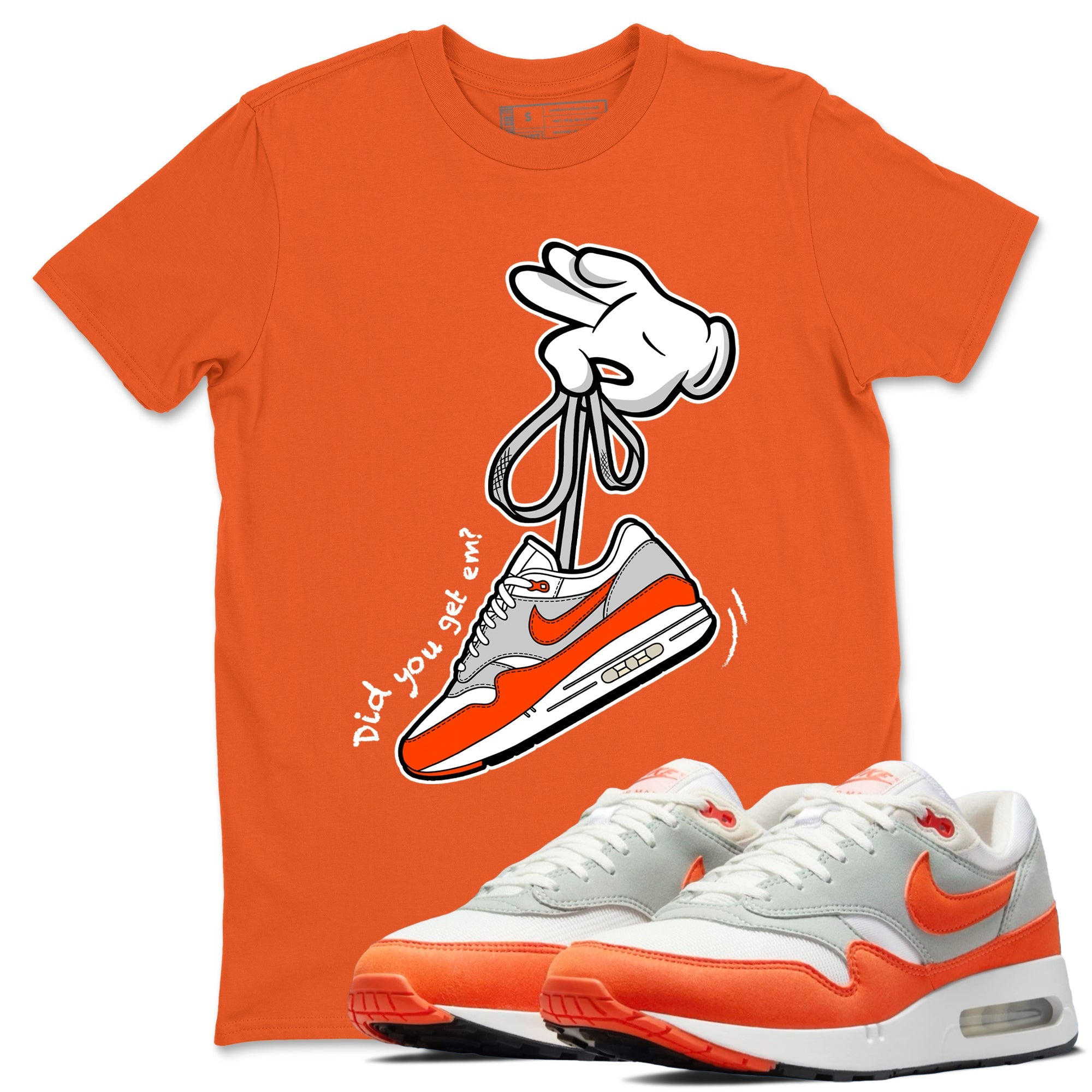 Air Max 1 OG '86 'Summit White and Cosmic Clay shirts to match jordans Catoon Hands sneaker match tees Air Max 1 Cosmic Clay match shoes to clothes Drip Gear Zone unisex cotton Orange 1 shirts