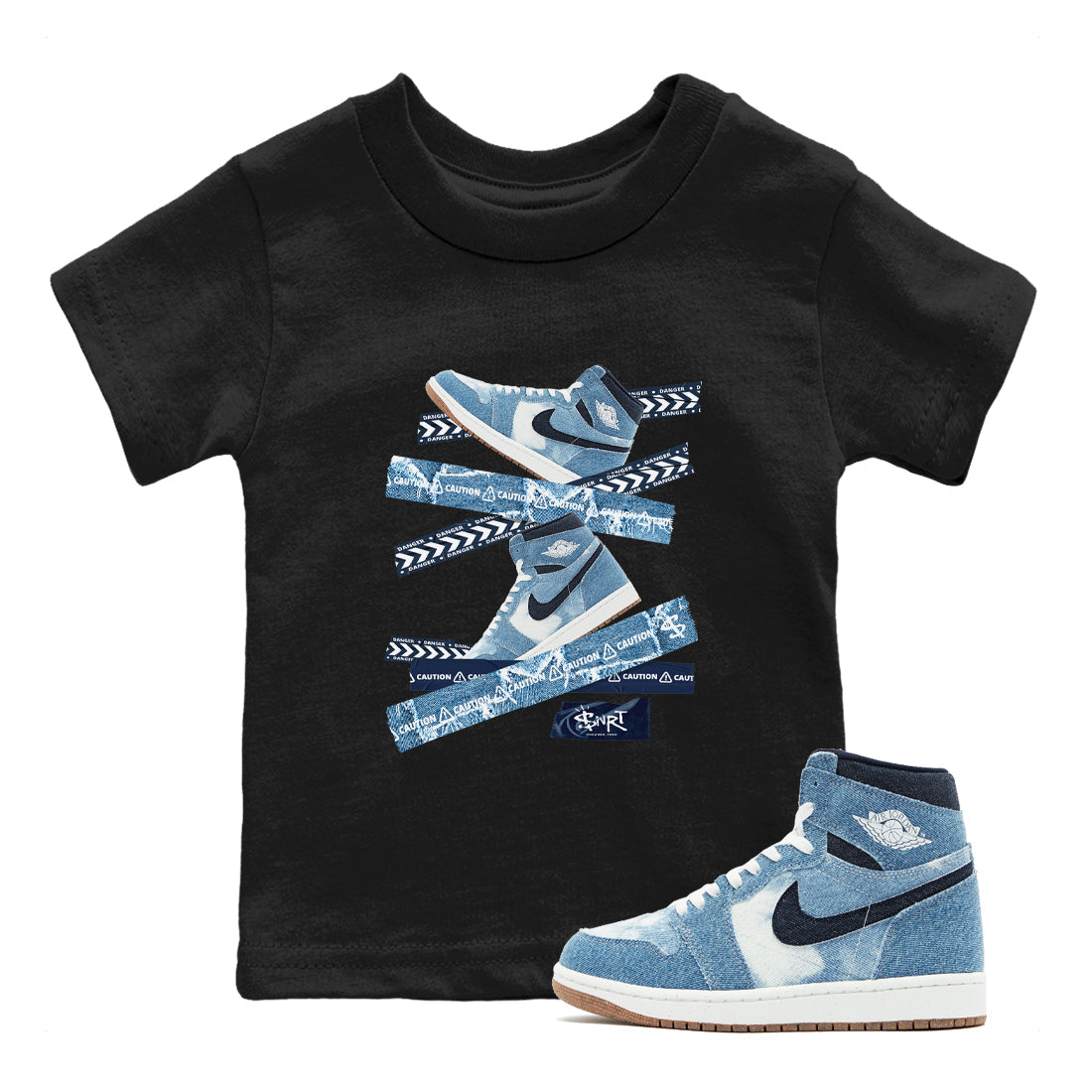 1s Denim shirts to match jordans Caution Tape sneaker match tees Air Jordan 1 Denim Drip Gear Zone streetwear brand Baby and Youth Black 1 cotton tee