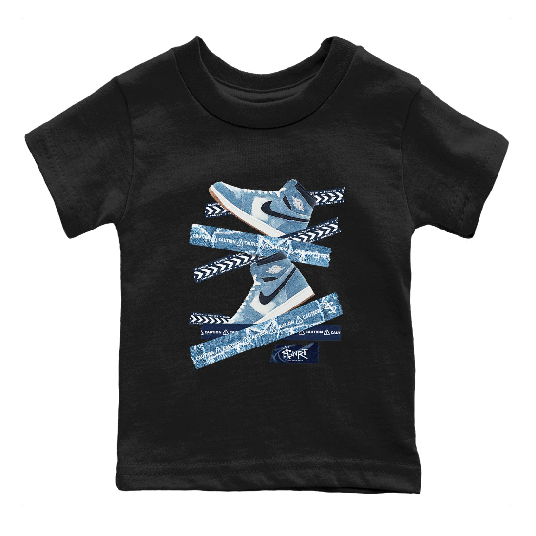 1s Denim shirts to match jordans Caution Tape sneaker match tees Air Jordan 1 Denim Drip Gear Zone streetwear brand Baby and Youth Black 2 cotton tee