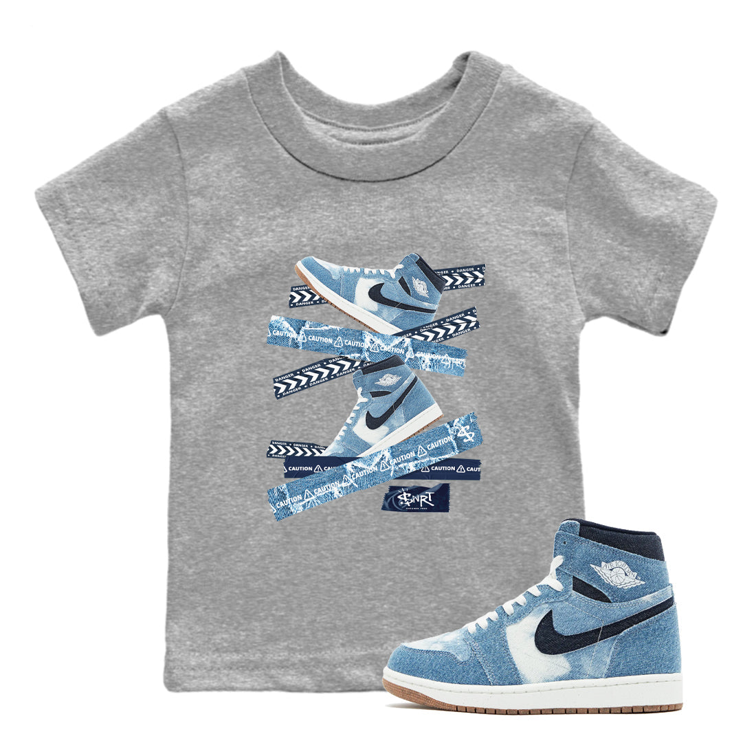 1s Denim shirts to match jordans Caution Tape sneaker match tees Air Jordan 1 Denim Drip Gear Zone streetwear brand Baby and Youth Heather Grey 1 cotton tee