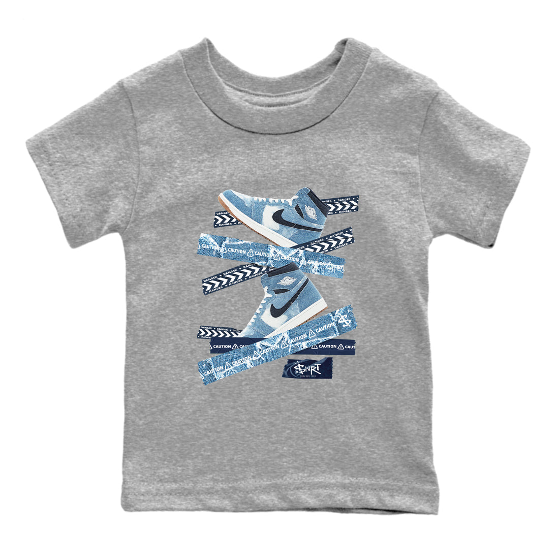 1s Denim shirts to match jordans Caution Tape sneaker match tees Air Jordan 1 Denim Drip Gear Zone streetwear brand Baby and Youth Heather Grey 2 cotton tee