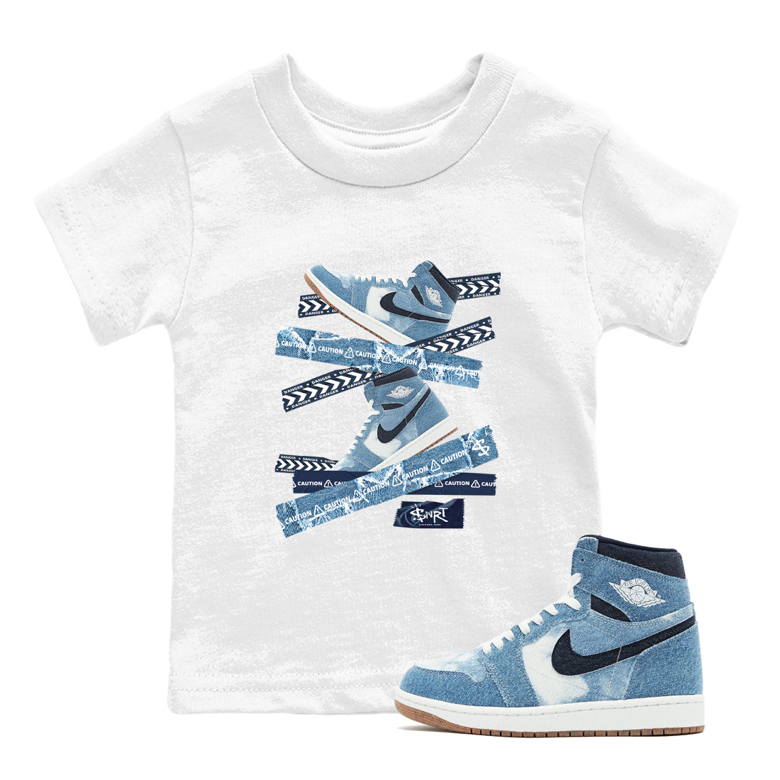 1s Denim shirts to match jordans Caution Tape sneaker match tees Air Jordan 1 Denim Drip Gear Zone streetwear brand Baby and Youth White 1 cotton tee