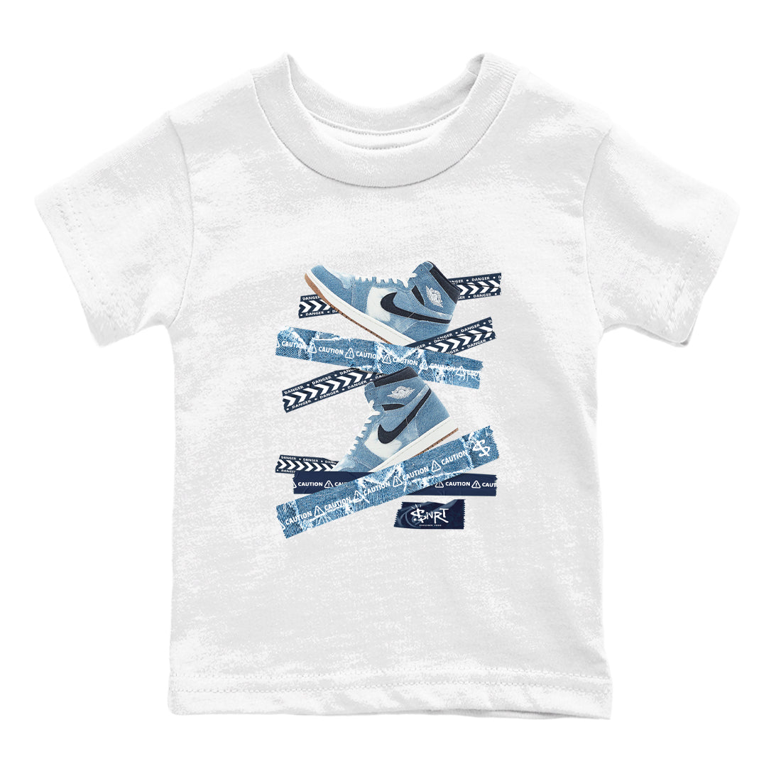 1s Denim shirts to match jordans Caution Tape sneaker match tees Air Jordan 1 Denim Drip Gear Zone streetwear brand Baby and Youth White 2 cotton tee