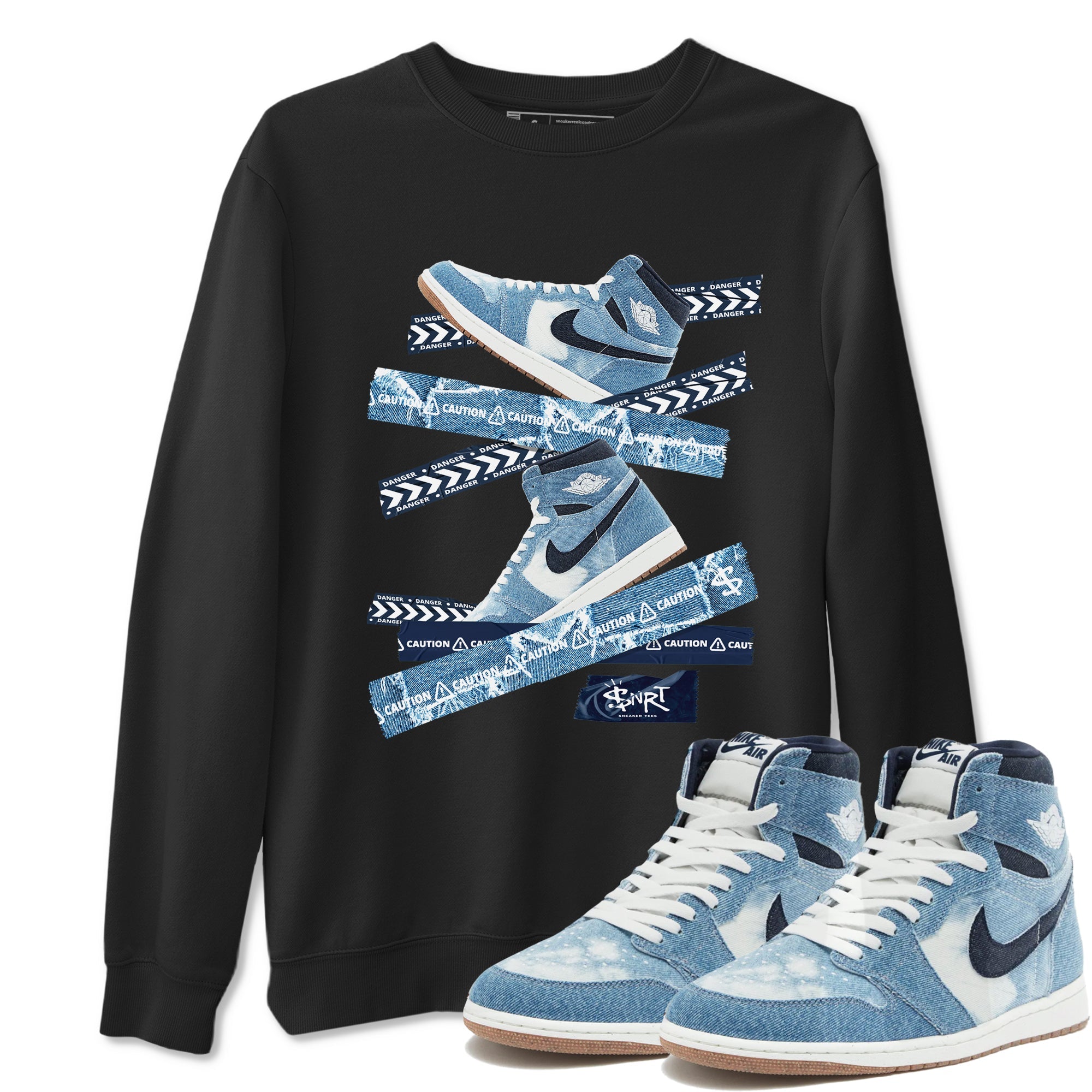 1s Denim shirts to match jordans Caution Tape sneaker match tees Air Jordan 1 Denim Drip Gear Zone streetwear brand Black 1 unisex cotton tee