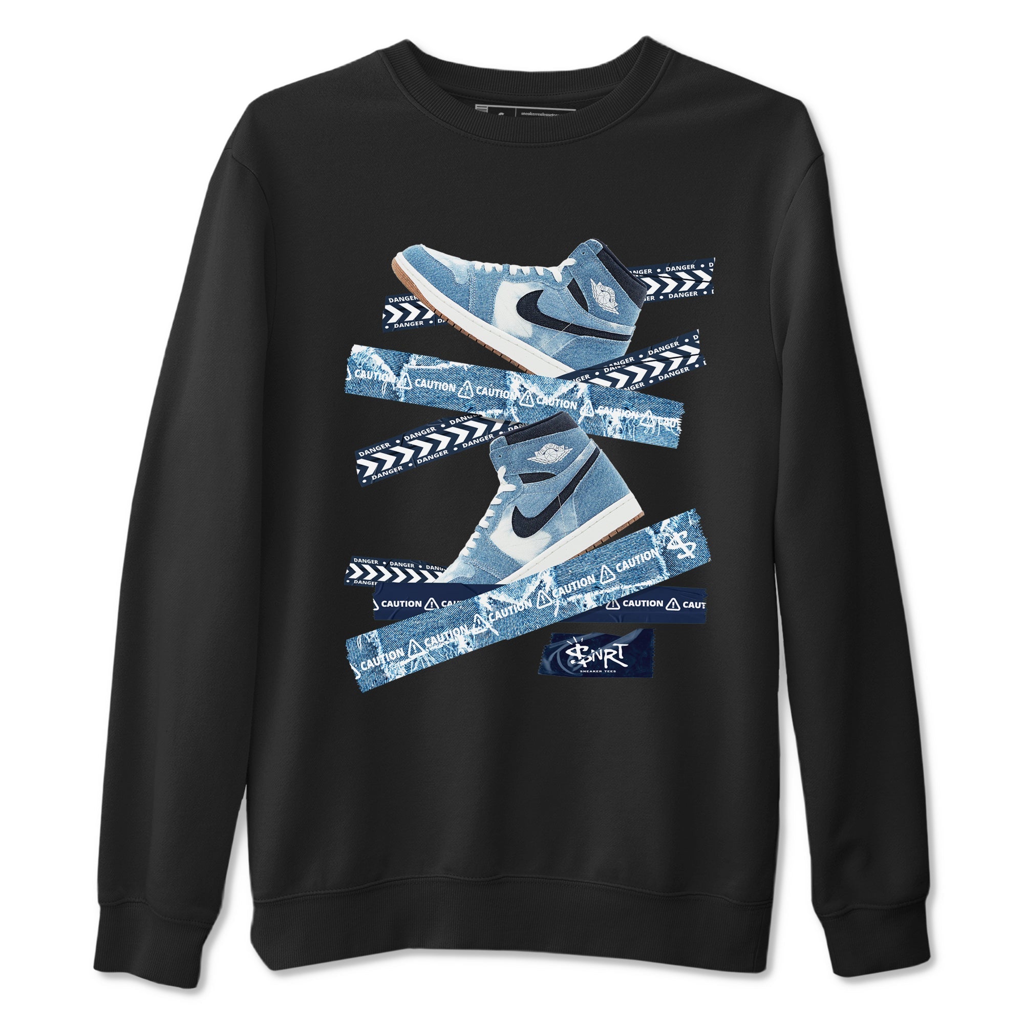 1s Denim shirts to match jordans Caution Tape sneaker match tees Air Jordan 1 Denim Drip Gear Zone streetwear brand Black 2 unisex cotton tee