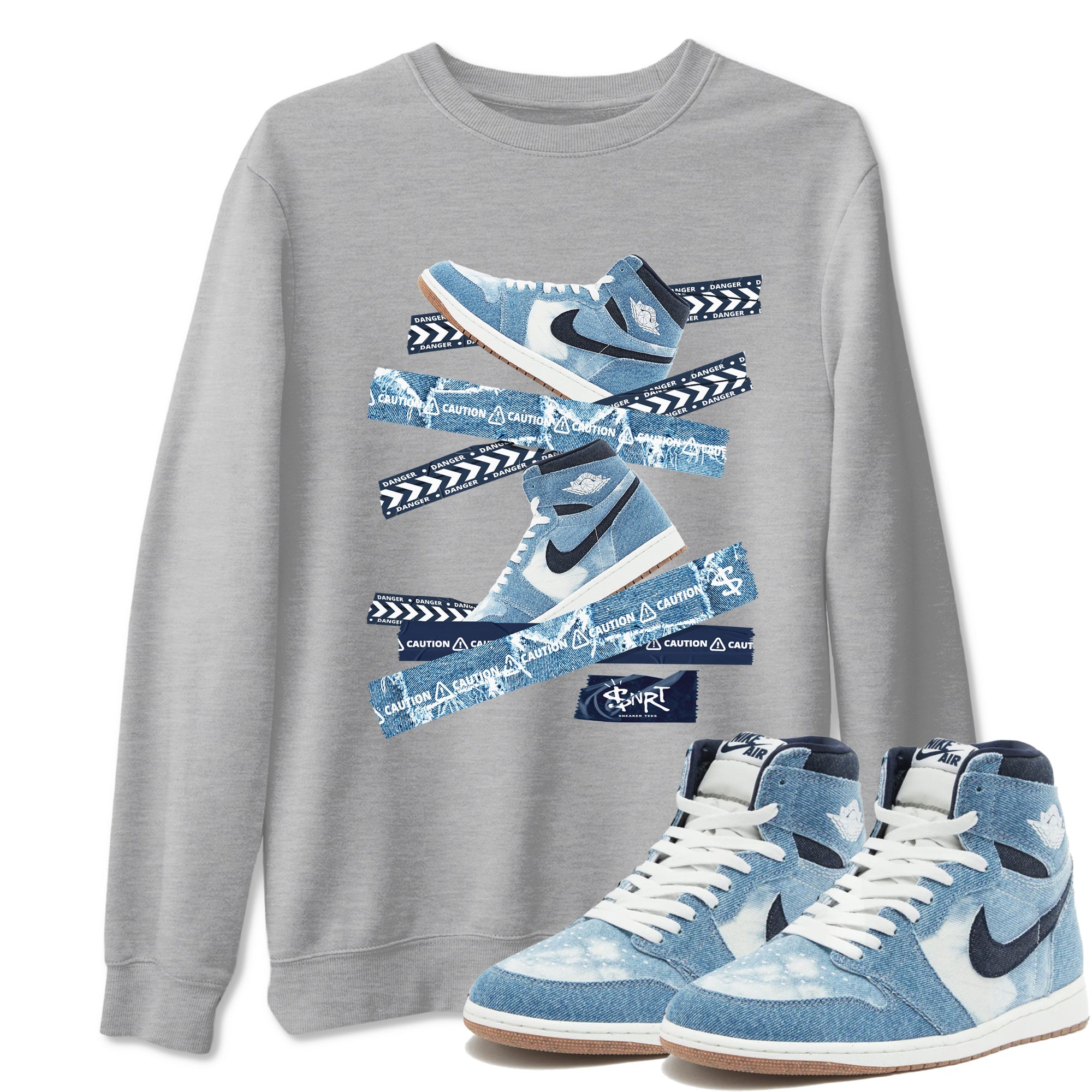 1s Denim shirts to match jordans Caution Tape sneaker match tees Air Jordan 1 Denim Drip Gear Zone streetwear brand Heather Grey 1 unisex cotton tee