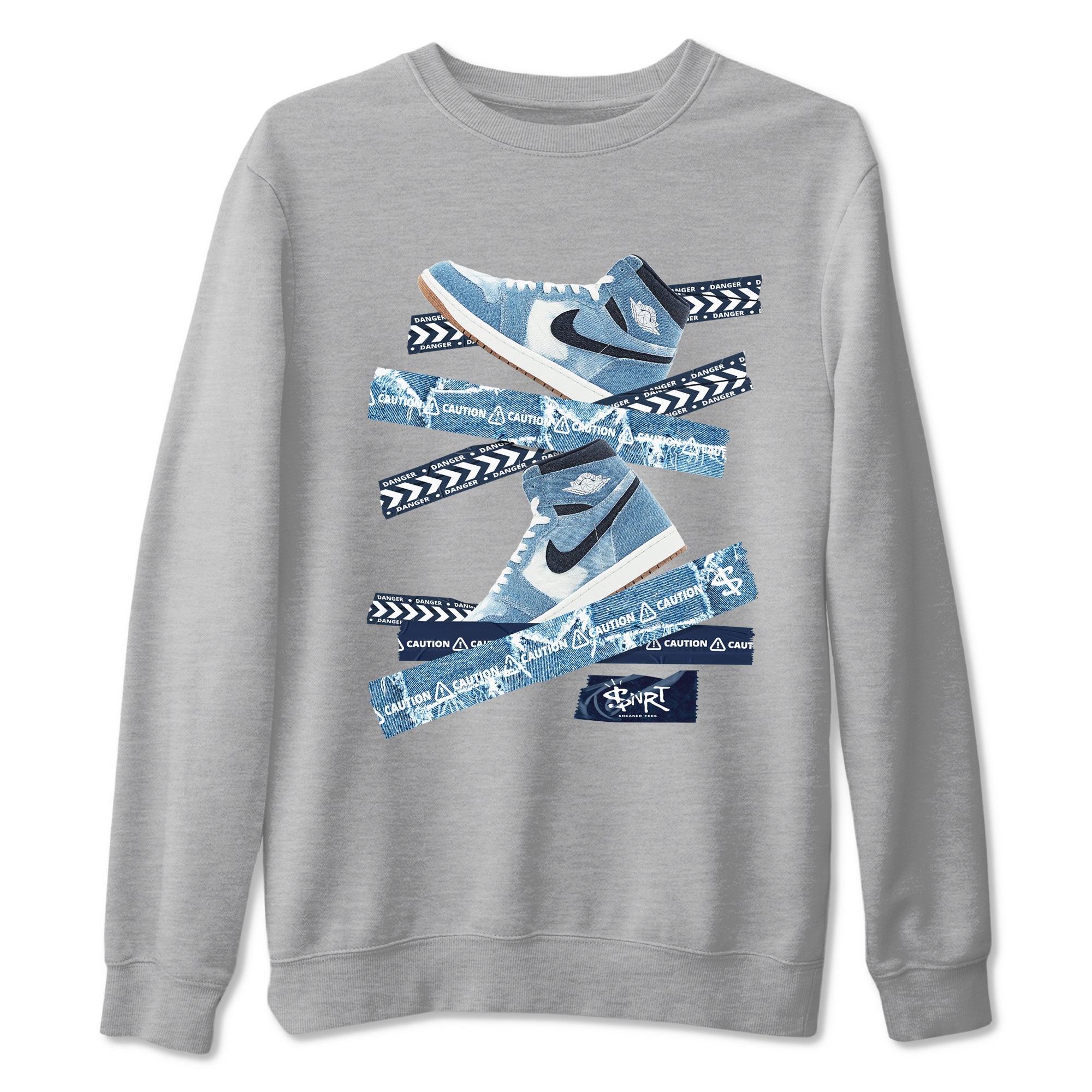 1s Denim shirts to match jordans Caution Tape sneaker match tees Air Jordan 1 Denim Drip Gear Zone streetwear brand Heather Grey 2 unisex cotton tee