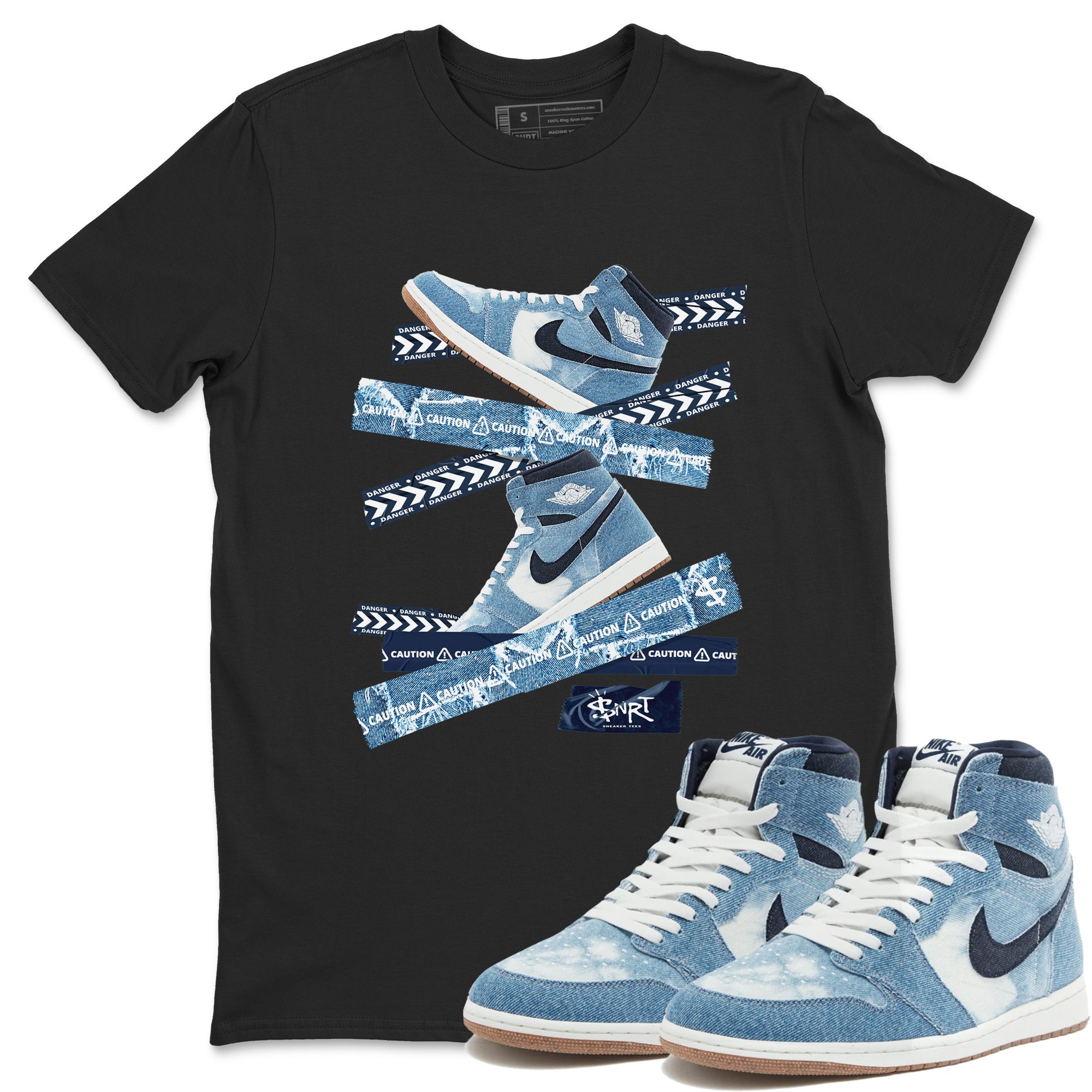 1s Denim shirts to match jordans Caution Tape sneaker match tees Air Jordan 1 Denim Drip Gear Zone streetwear brand Black 1 unisex cotton tee