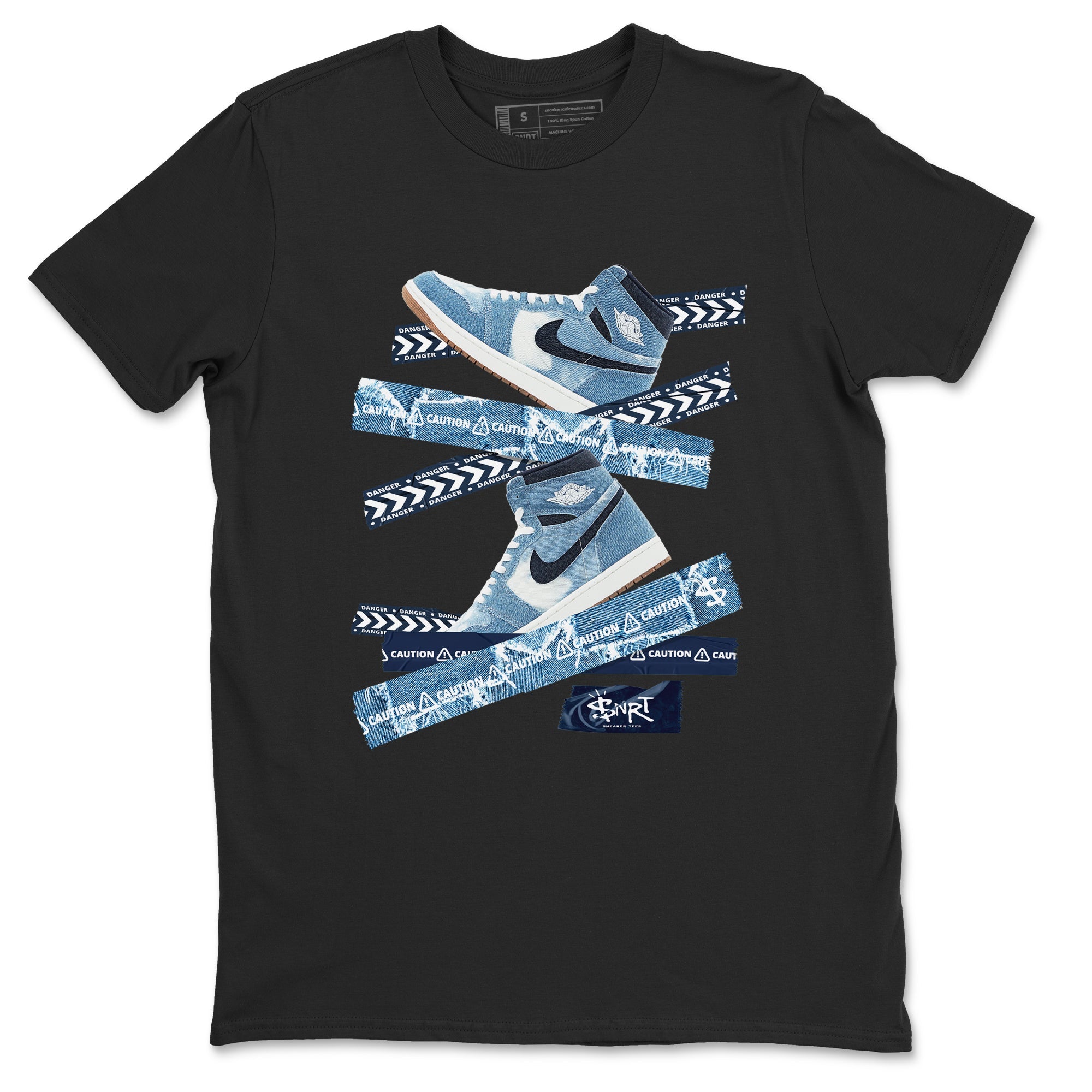 1s Denim shirts to match jordans Caution Tape sneaker match tees Air Jordan 1 Denim Drip Gear Zone streetwear brand Black 2 unisex cotton tee