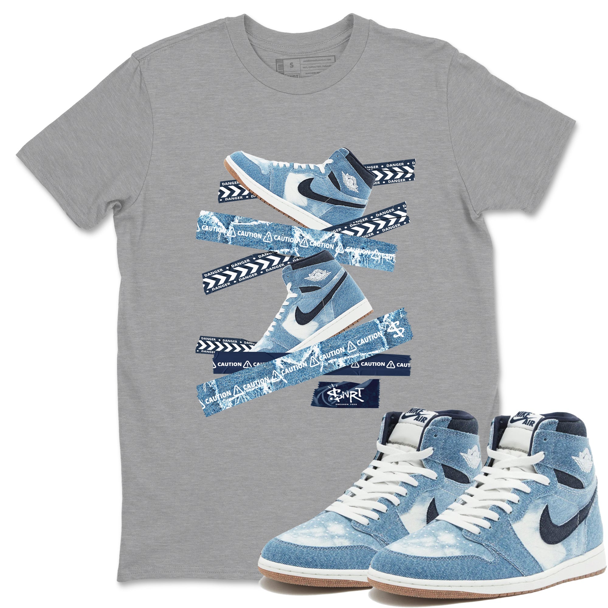 1s Denim shirts to match jordans Caution Tape sneaker match tees Air Jordan 1 Denim Drip Gear Zone streetwear brand Heather Grey 1 unisex cotton tee
