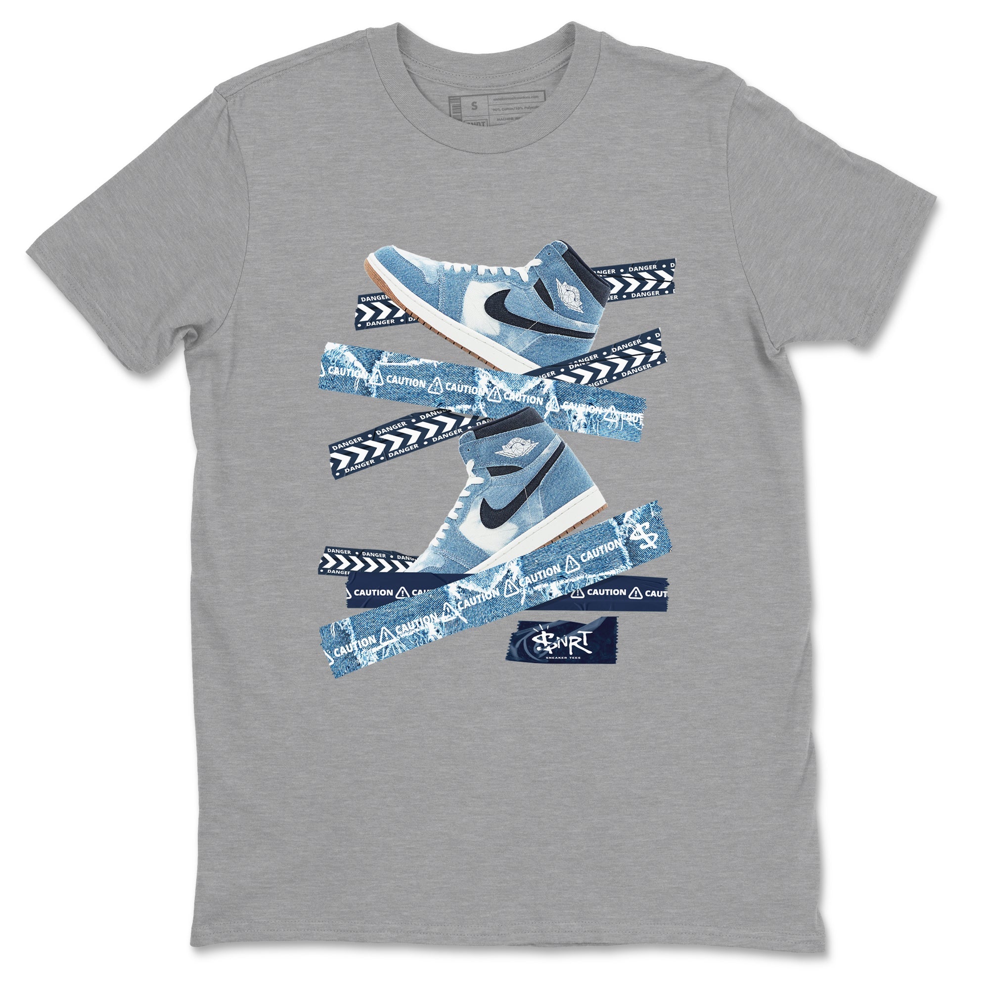 1s Denim shirts to match jordans Caution Tape sneaker match tees Air Jordan 1 Denim Drip Gear Zone streetwear brand Heather Grey 2 unisex cotton tee
