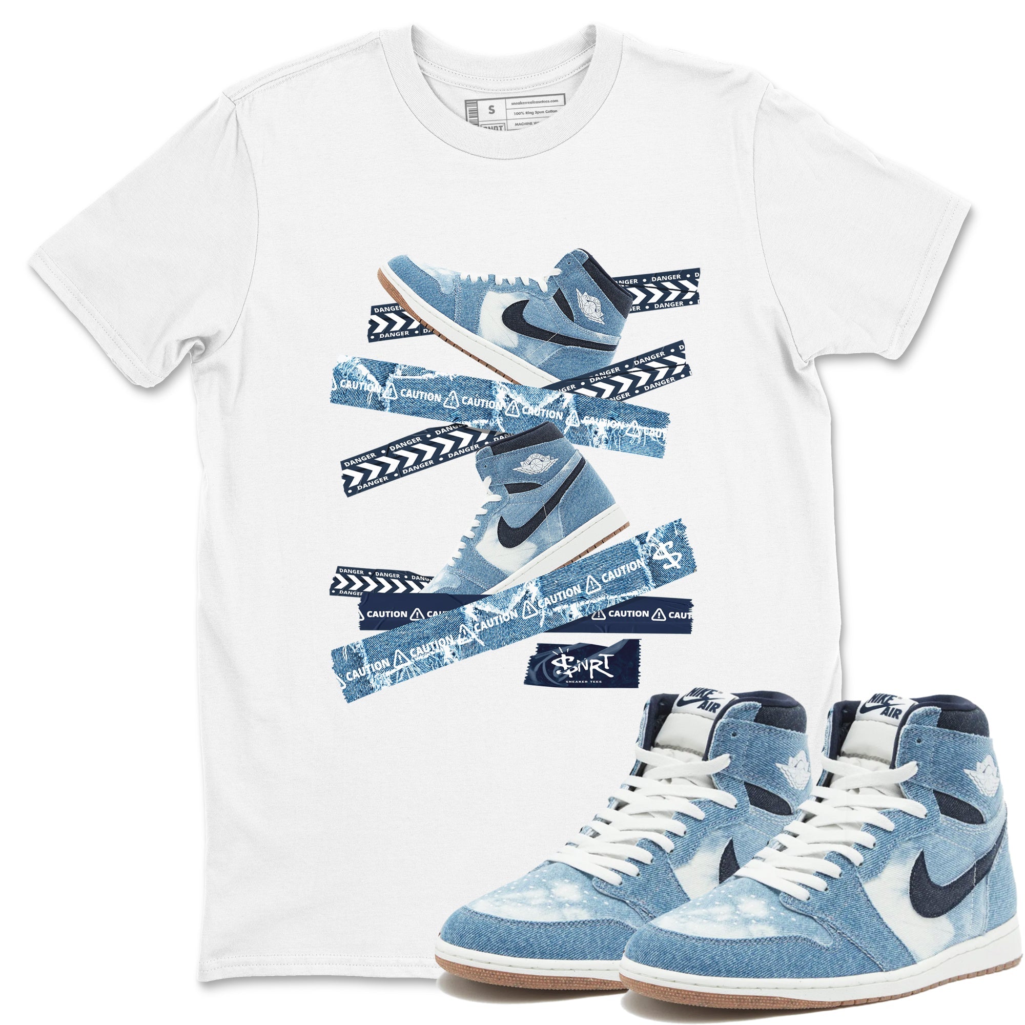 1s Denim shirts to match jordans Caution Tape sneaker match tees Air Jordan 1 Denim Drip Gear Zone streetwear brand White 1 unisex cotton tee