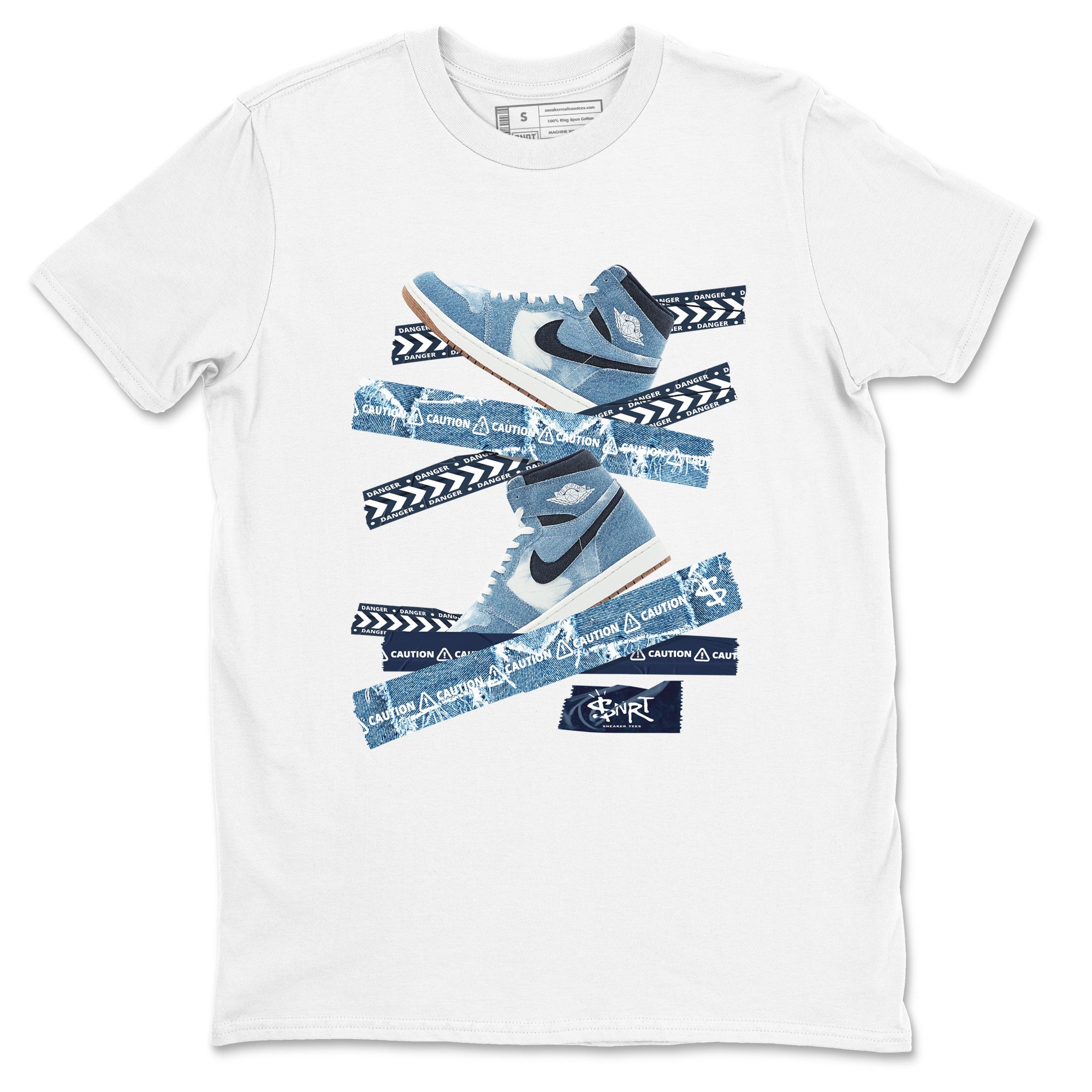 1s Denim shirts to match jordans Caution Tape sneaker match tees Air Jordan 1 Denim Drip Gear Zone streetwear brand White 2 unisex cotton tee
