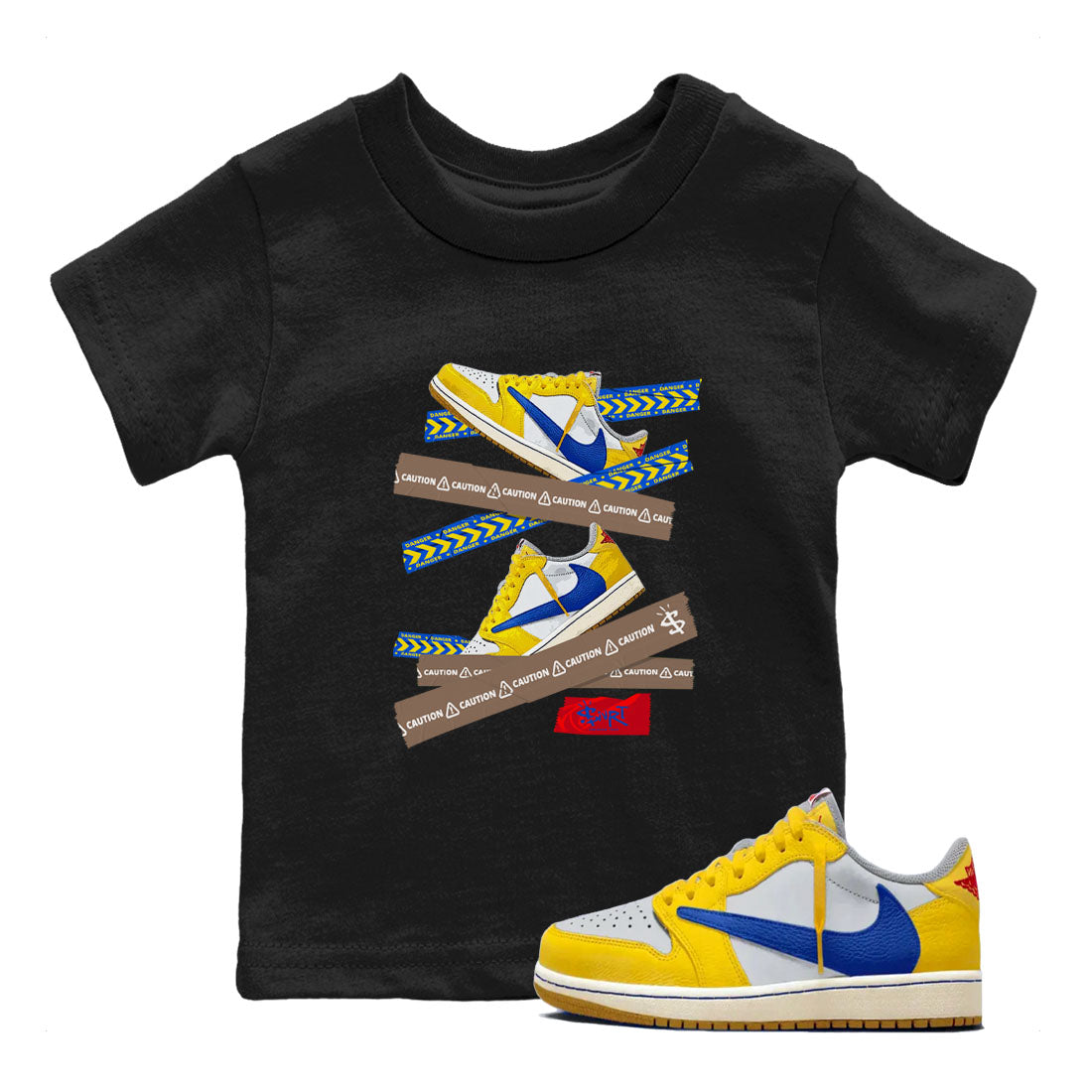 1s Travis Scott Canary shirt to match jordans Caution Tape sneaker tees Air Jordan 1 Travis Scott Canary Drip Gear Zone baby toddler Black 1 cotton Shirt