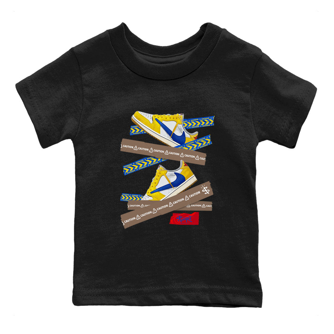 1s Travis Scott Canary shirt to match jordans Caution Tape sneaker tees Air Jordan 1 Travis Scott Canary Drip Gear Zone baby toddler Black 2 cotton Shirt