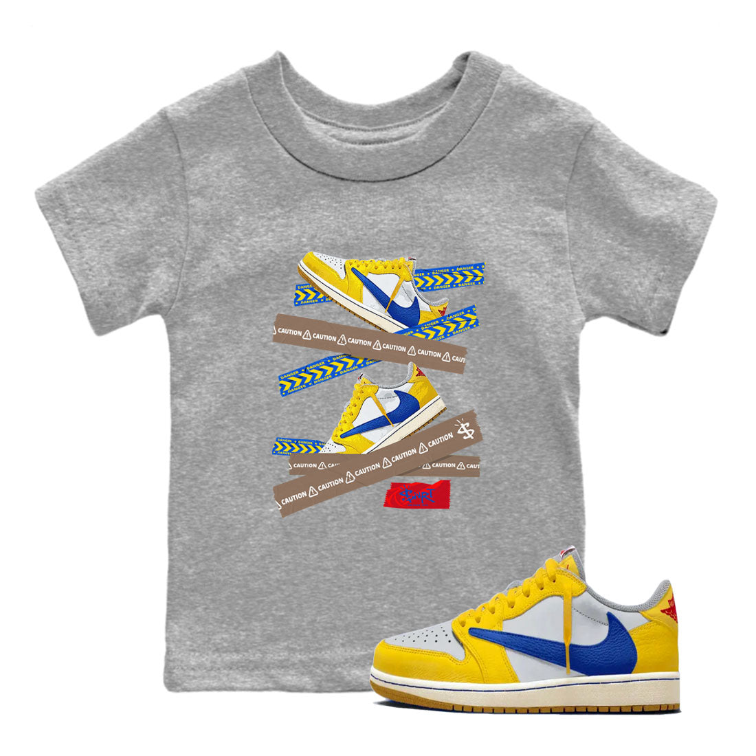 1s Travis Scott Canary shirt to match jordans Caution Tape sneaker tees Air Jordan 1 Travis Scott Canary Drip Gear Zone baby toddler Heather Grey 1 cotton Shirt