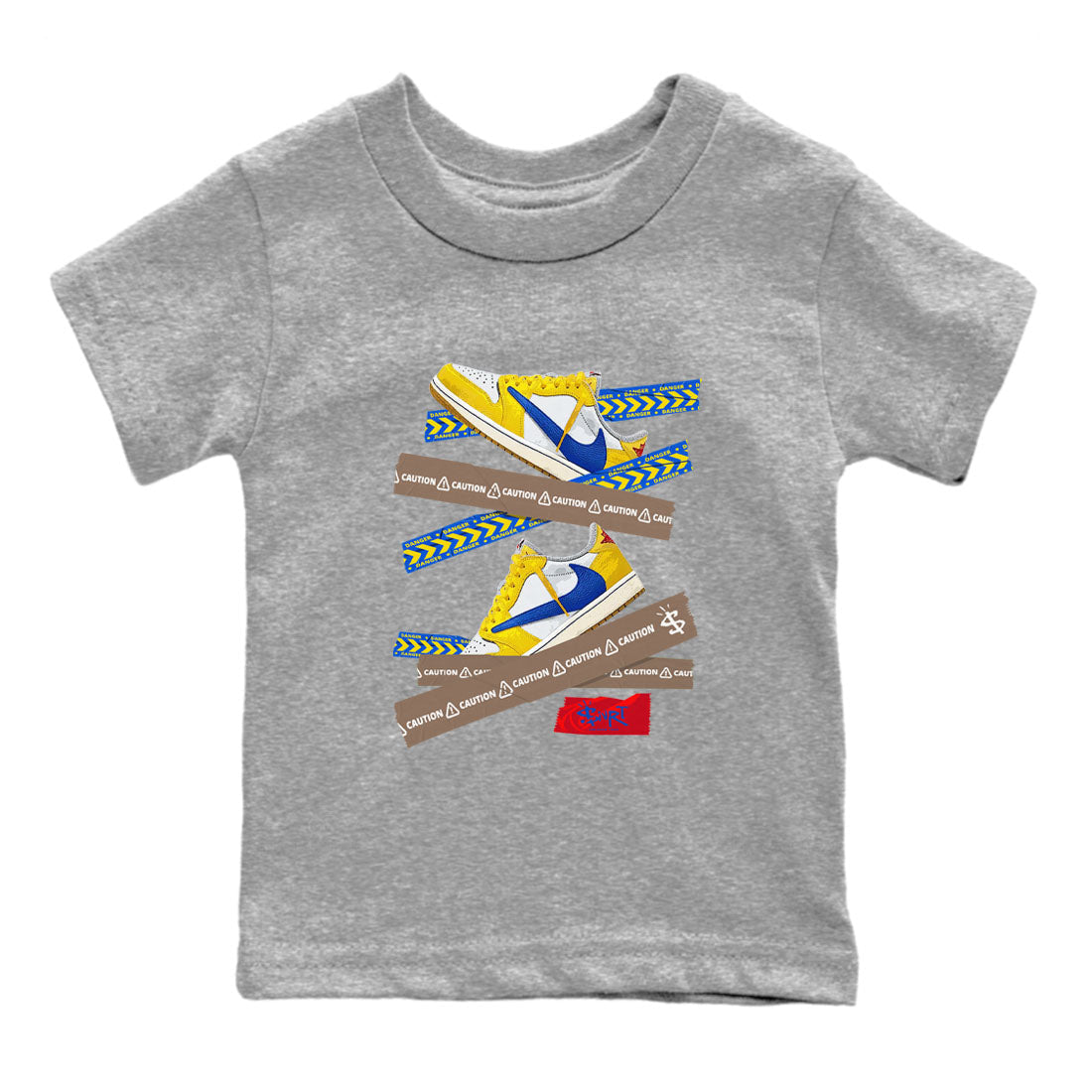 1s Travis Scott Canary shirt to match jordans Caution Tape sneaker tees Air Jordan 1 Travis Scott Canary Drip Gear Zone baby toddler Heather Grey 2 cotton Shirt