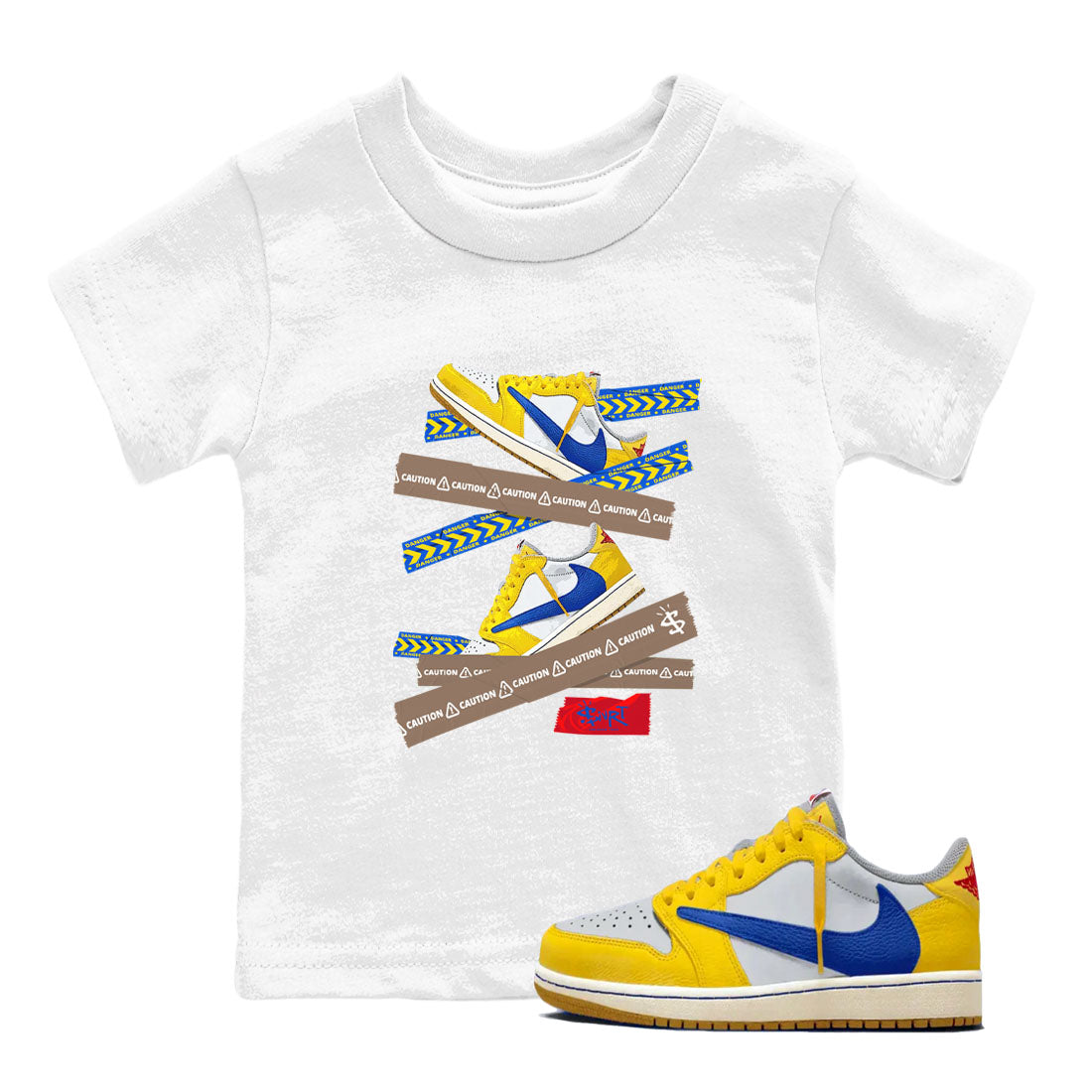 1s Travis Scott Canary shirt to match jordans Caution Tape sneaker tees Air Jordan 1 Travis Scott Canary Drip Gear Zone baby toddler White 1 cotton Shirt