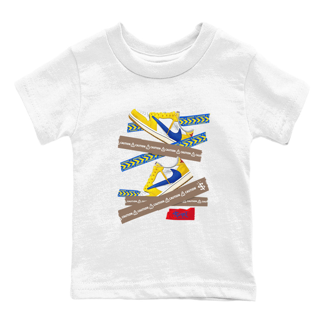 1s Travis Scott Canary shirt to match jordans Caution Tape sneaker tees Air Jordan 1 Travis Scott Canary Drip Gear Zone baby toddler White 2 cotton Shirt