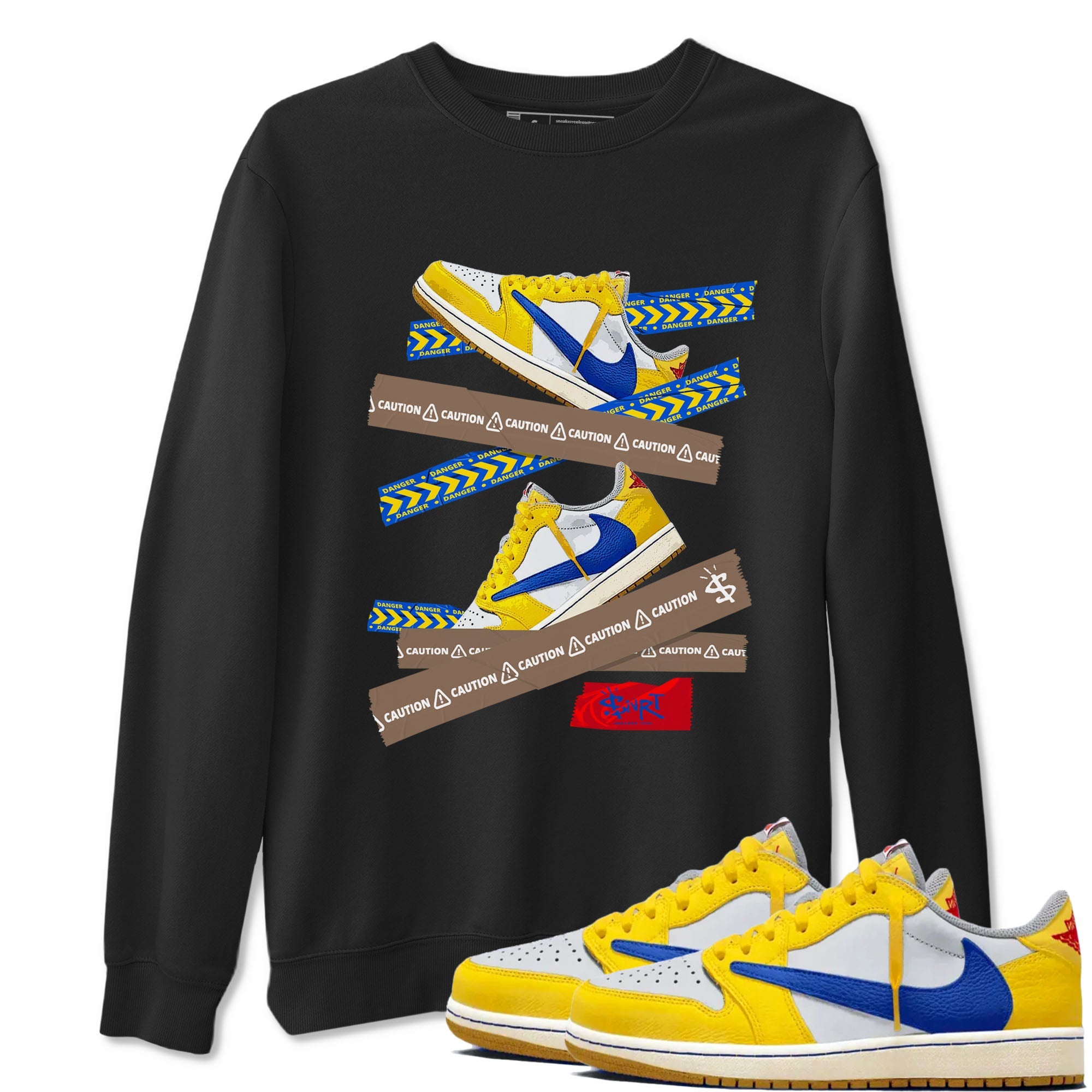 1s Travis Scott Canary shirt to match jordans Caution Tape sneaker tees Air Jordan 1 Travis Scott Canary Drip Gear Zone unisex cotton Black 1 crew neck shirt