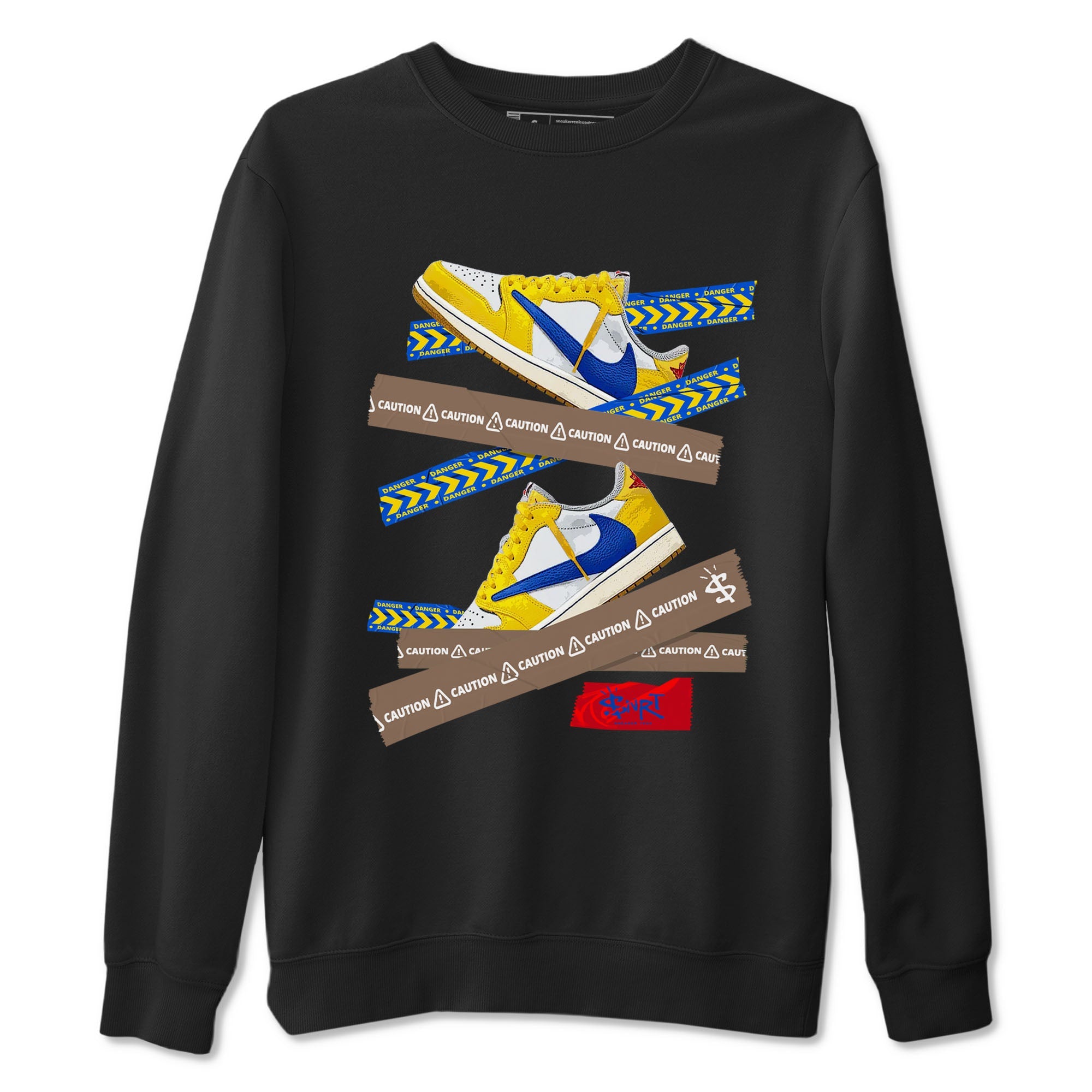 1s Travis Scott Canary shirt to match jordans Caution Tape sneaker tees Air Jordan 1 Travis Scott Canary Drip Gear Zone unisex cotton Black 2 crew neck shirt