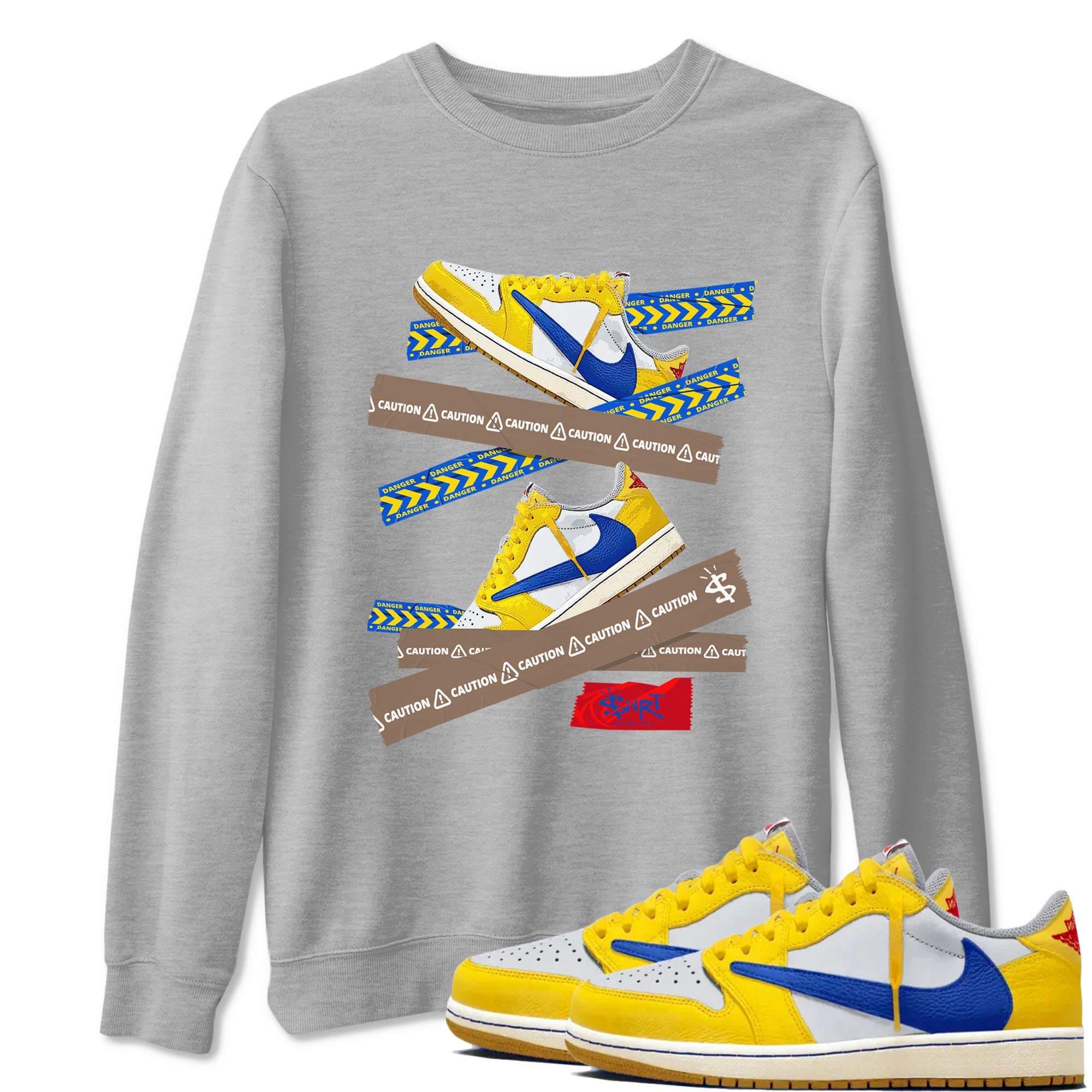 1s Travis Scott Canary shirt to match jordans Caution Tape sneaker tees Air Jordan 1 Travis Scott Canary Drip Gear Zone unisex cotton Heather Grey 1 crew neck shirt