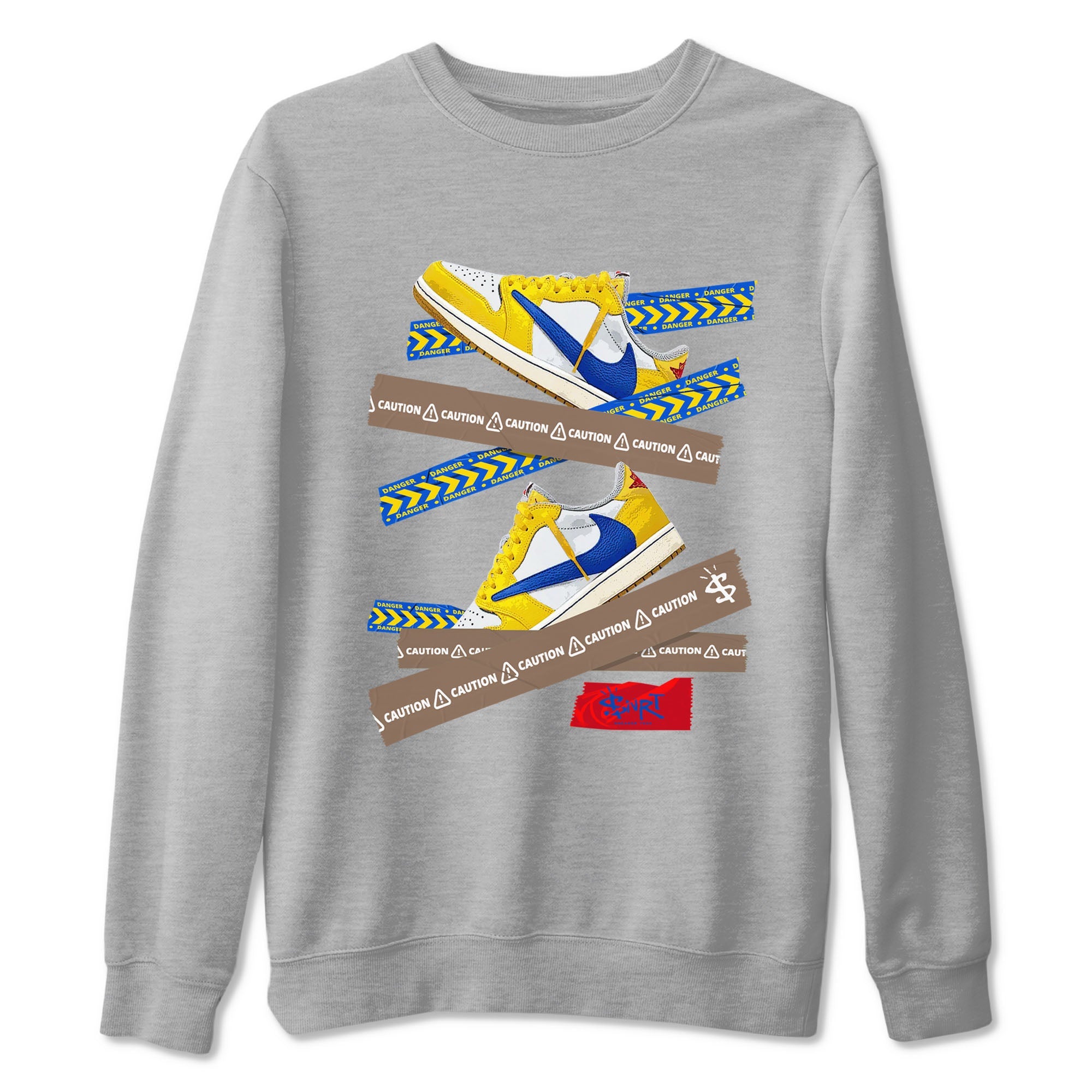 1s Travis Scott Canary shirt to match jordans Caution Tape sneaker tees Air Jordan 1 Travis Scott Canary Drip Gear Zone unisex cotton Heather Grey 2 crew neck shirt