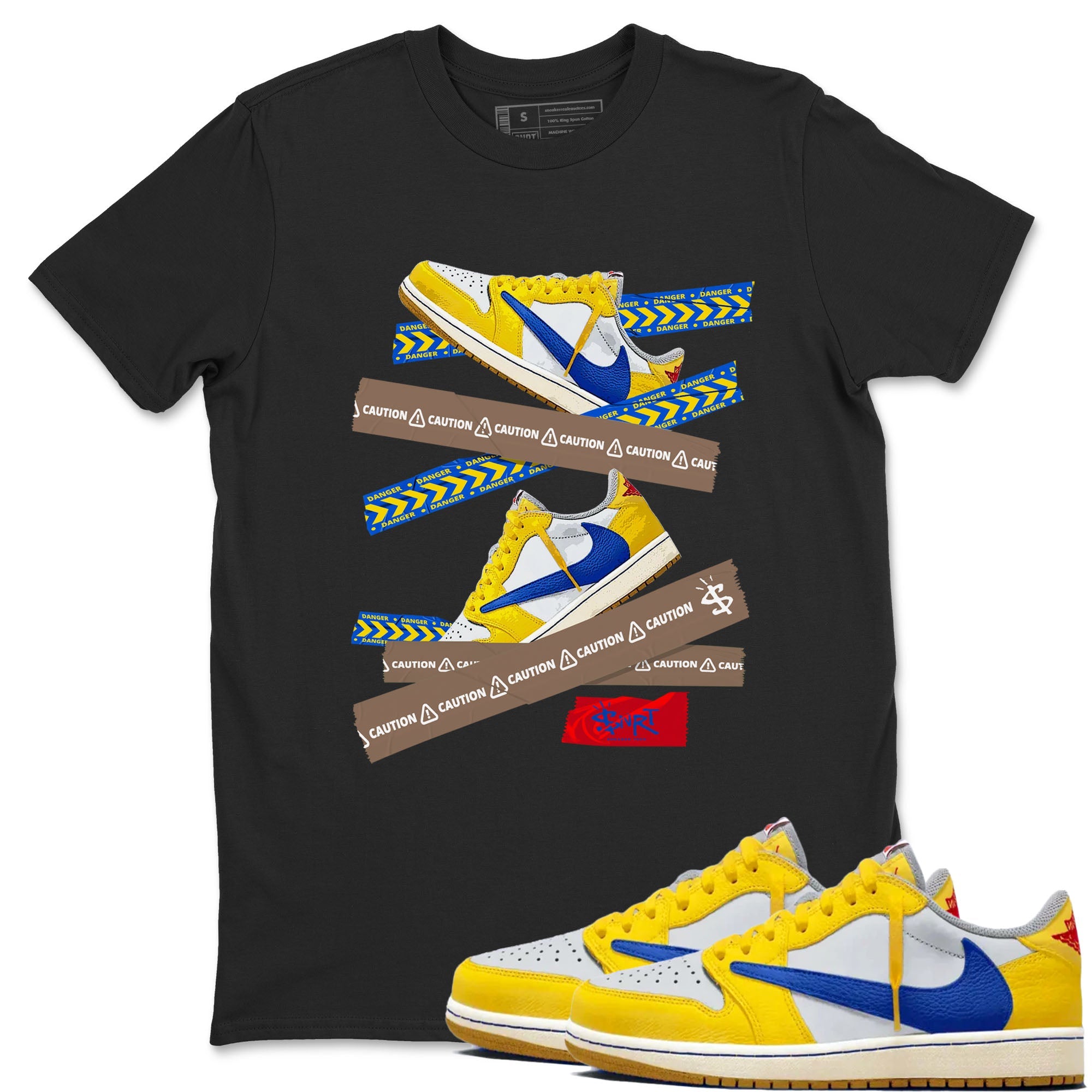 1s Travis Scott Canary shirt to match jordans Caution Tape sneaker tees Air Jordan 1 Travis Scott Canary Drip Gear Zone unisex cotton Black 1 crew neck shirt