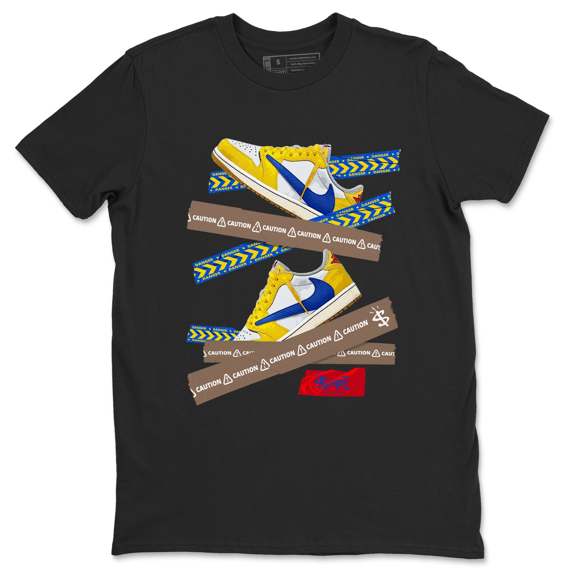 1s Travis Scott Canary shirt to match jordans Caution Tape sneaker tees Air Jordan 1 Travis Scott Canary Drip Gear Zone unisex cotton Black 2 crew neck shirt