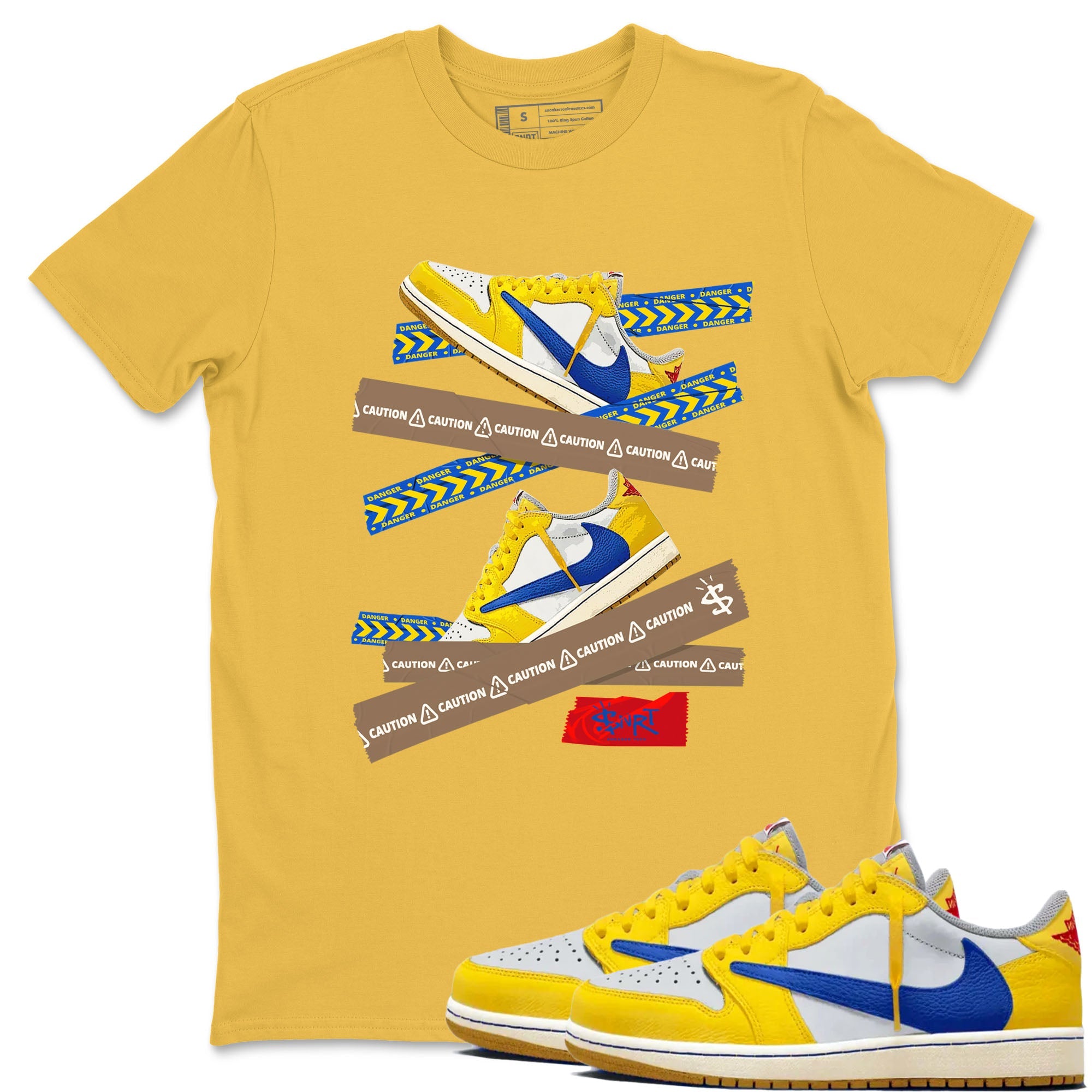 1s Travis Scott Canary shirt to match jordans Caution Tape sneaker tees Air Jordan 1 Travis Scott Canary Drip Gear Zone unisex cotton Daisy 1 crew neck shirt