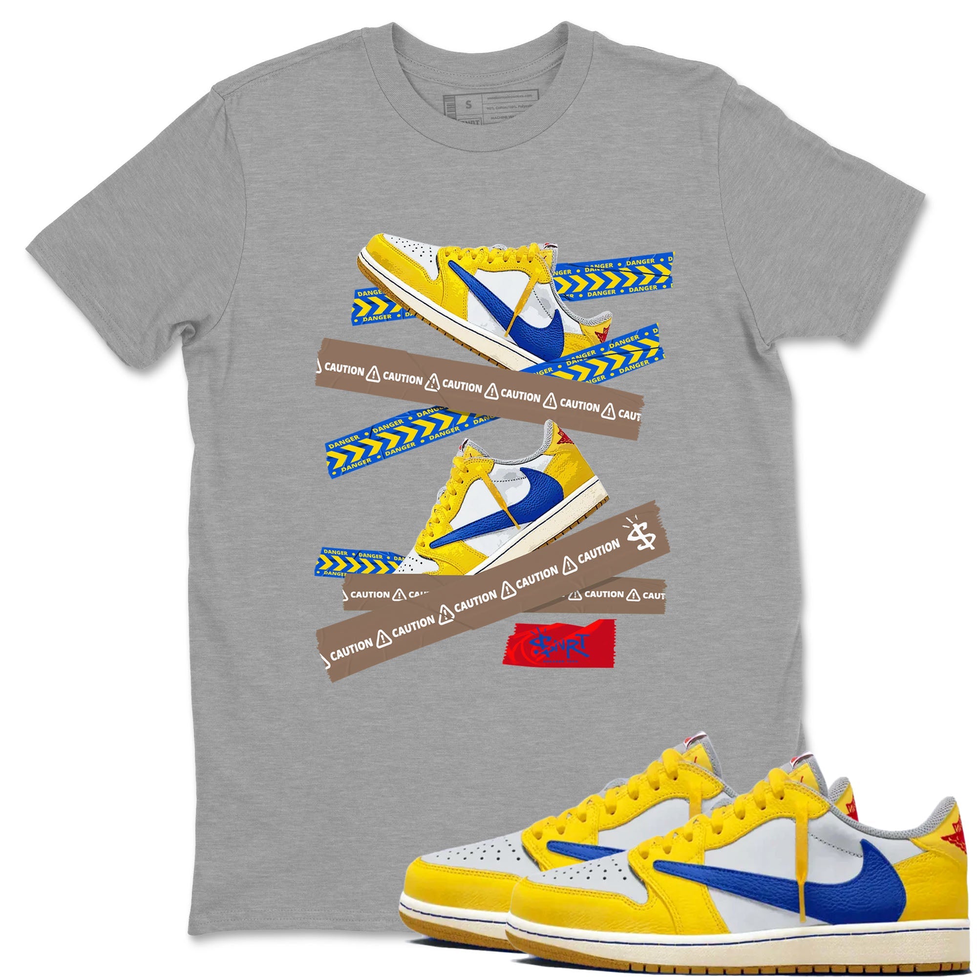 1s Travis Scott Canary shirt to match jordans Caution Tape sneaker tees Air Jordan 1 Travis Scott Canary Drip Gear Zone unisex cotton Heather Grey 1 crew neck shirt