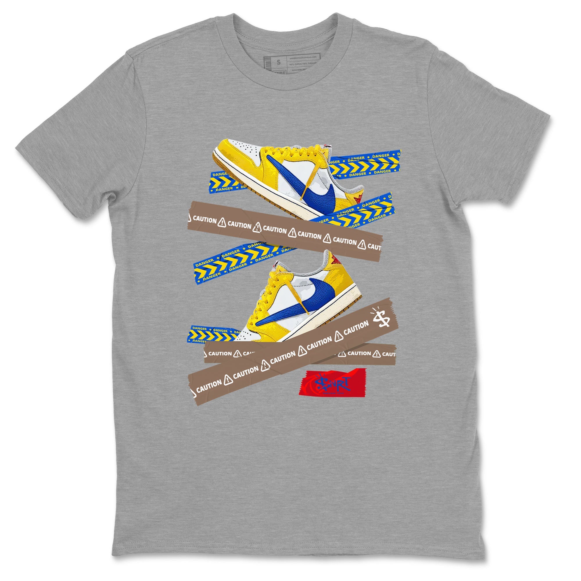 1s Travis Scott Canary shirt to match jordans Caution Tape sneaker tees Air Jordan 1 Travis Scott Canary Drip Gear Zone unisex cotton Heather Grey 2 crew neck shirt