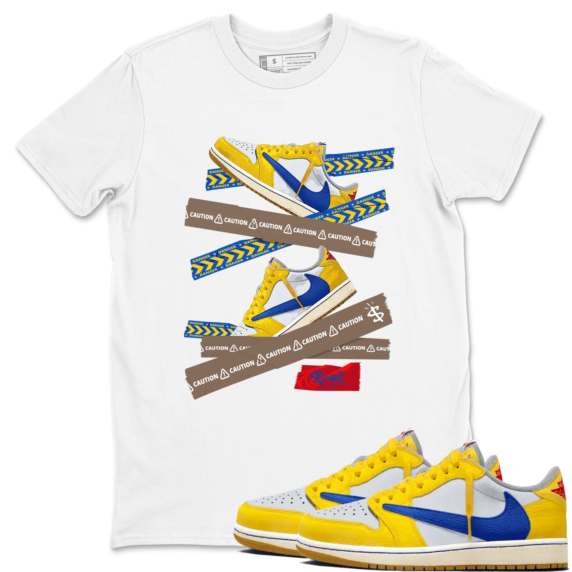 1s Travis Scott Canary shirt to match jordans Caution Tape sneaker tees Air Jordan 1 Travis Scott Canary Drip Gear Zone unisex cotton White 1 crew neck shirt