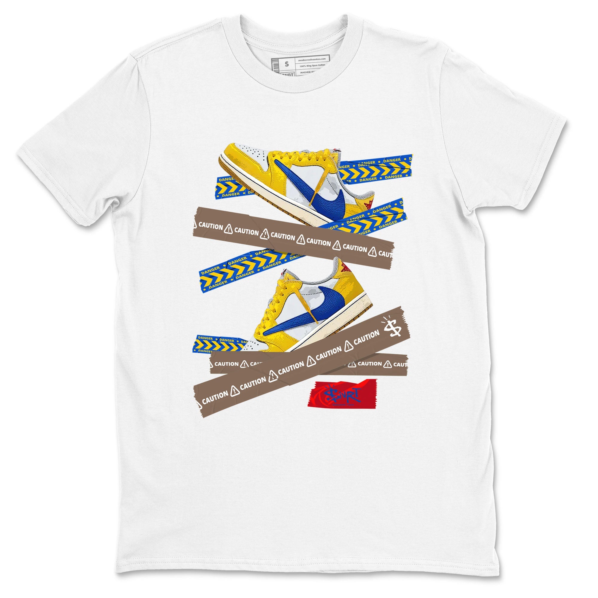 1s Travis Scott Canary shirt to match jordans Caution Tape sneaker tees Air Jordan 1 Travis Scott Canary Drip Gear Zone unisex cotton White 2 crew neck shirt