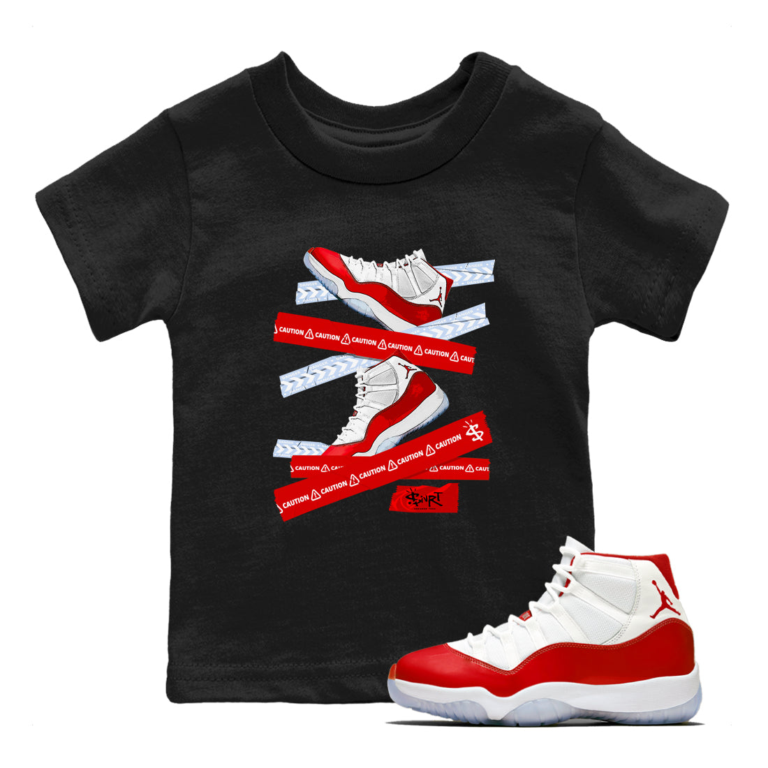 11s Cherry shirts to match jordans Caution Tape sneaker match tees Air Jordan 11 Retro Cherry match shoes to clothes Drip Gear Zone Youth Baby Black 1 tee
