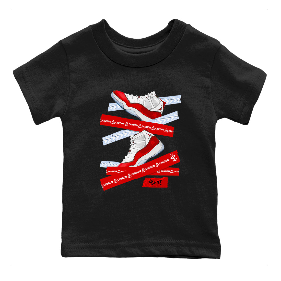 11s Cherry shirts to match jordans Caution Tape sneaker match tees Air Jordan 11 Retro Cherry match shoes to clothes Drip Gear Zone Youth Baby Black 2 tee