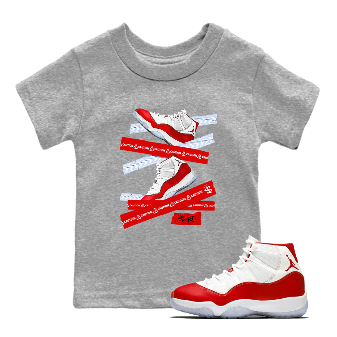 11s Cherry shirts to match jordans Caution Tape sneaker match tees Air Jordan 11 Retro Cherry match shoes to clothes Drip Gear Zone Youth Baby Heather Grey 1 tee
