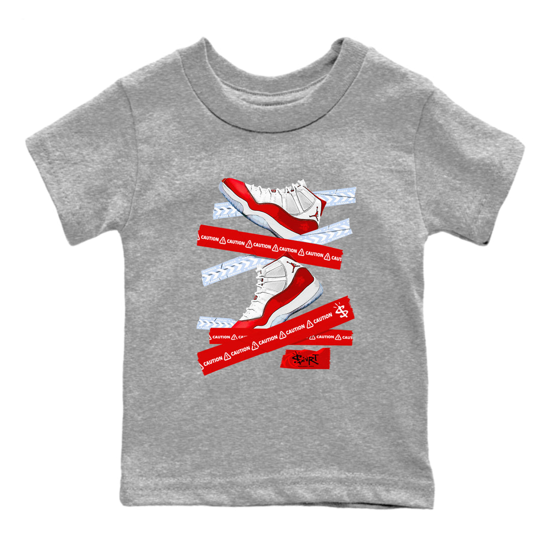 11s Cherry shirts to match jordans Caution Tape sneaker match tees Air Jordan 11 Retro Cherry match shoes to clothes Drip Gear Zone Youth Baby Heather Grey 2 tee