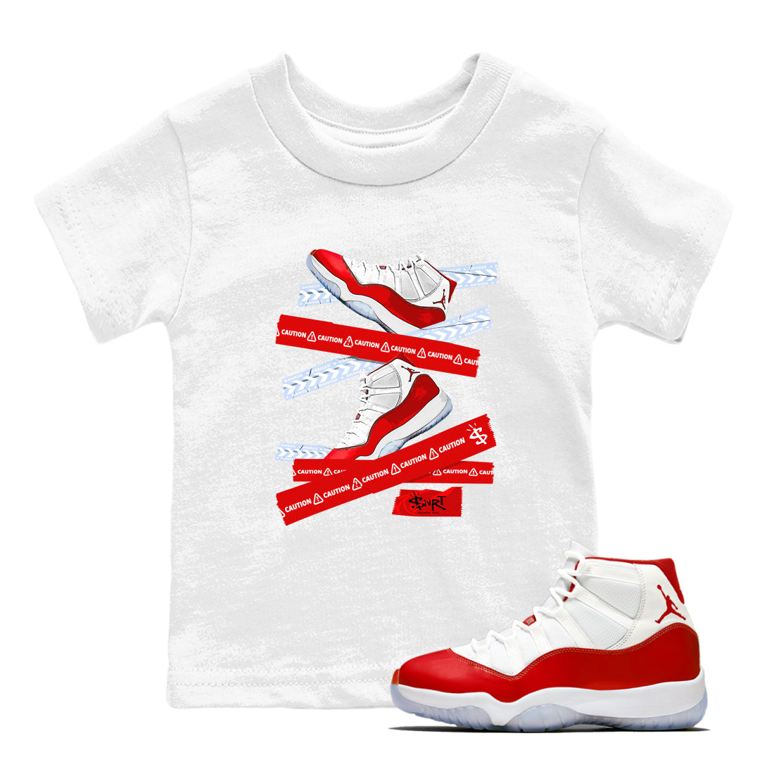 11s Cherry shirts to match jordans Caution Tape sneaker match tees Air Jordan 11 Retro Cherry match shoes to clothes Drip Gear Zone Youth Baby White 1 tee