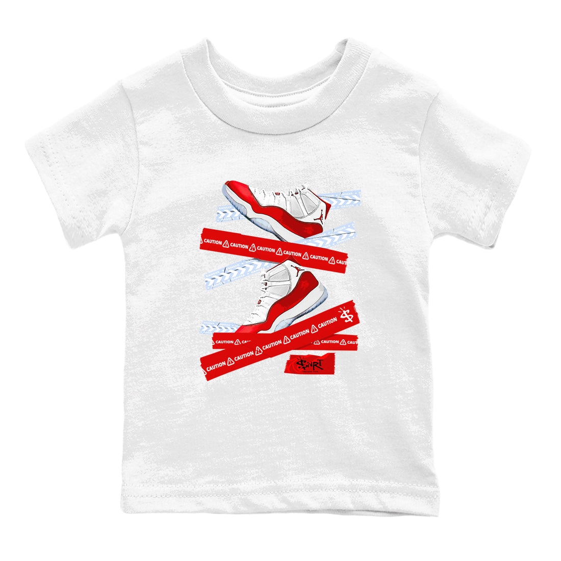 11s Cherry shirts to match jordans Caution Tape sneaker match tees Air Jordan 11 Retro Cherry match shoes to clothes Drip Gear Zone Youth Baby White 2 tee