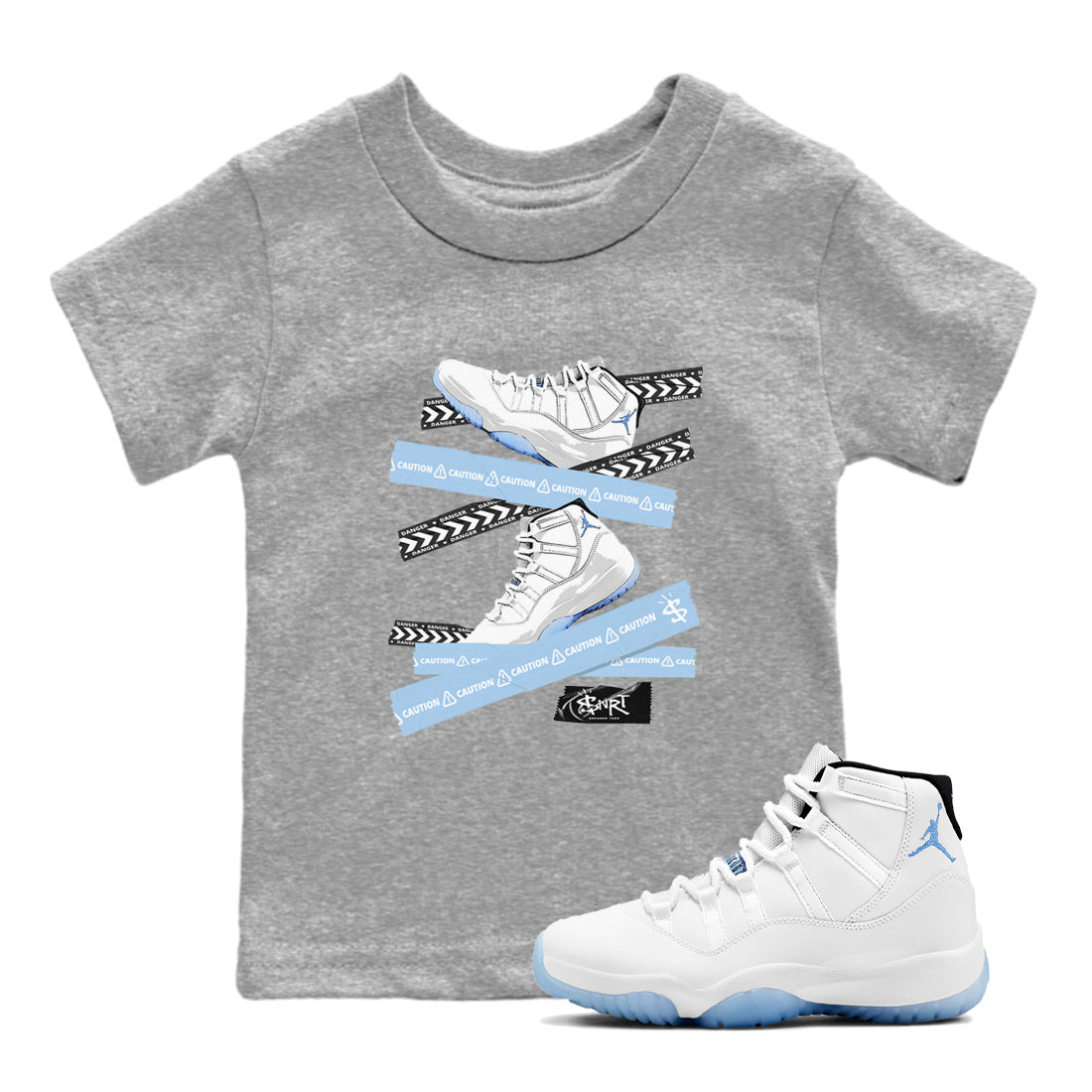 11s Columbia shirts to match jordans Caution Tape sneaker match tees Air Jordan 11 Columbia Drip Gear Zone streetwear brand Baby and Youth Heather Grey 1 cotton tee