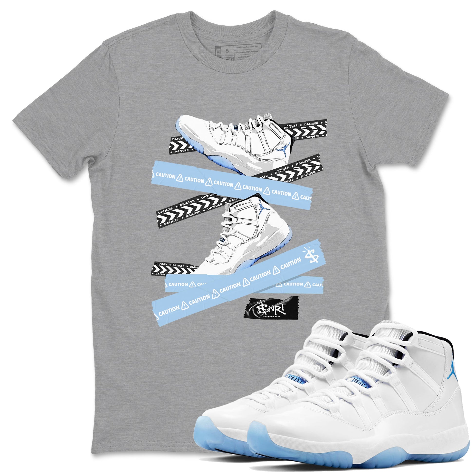 11s Columbia shirts to match jordans Caution Tape sneaker match tees Air Jordan 11 Columbia Drip Gear Zone streetwear brand Heather Grey 1 unisex cotton tee